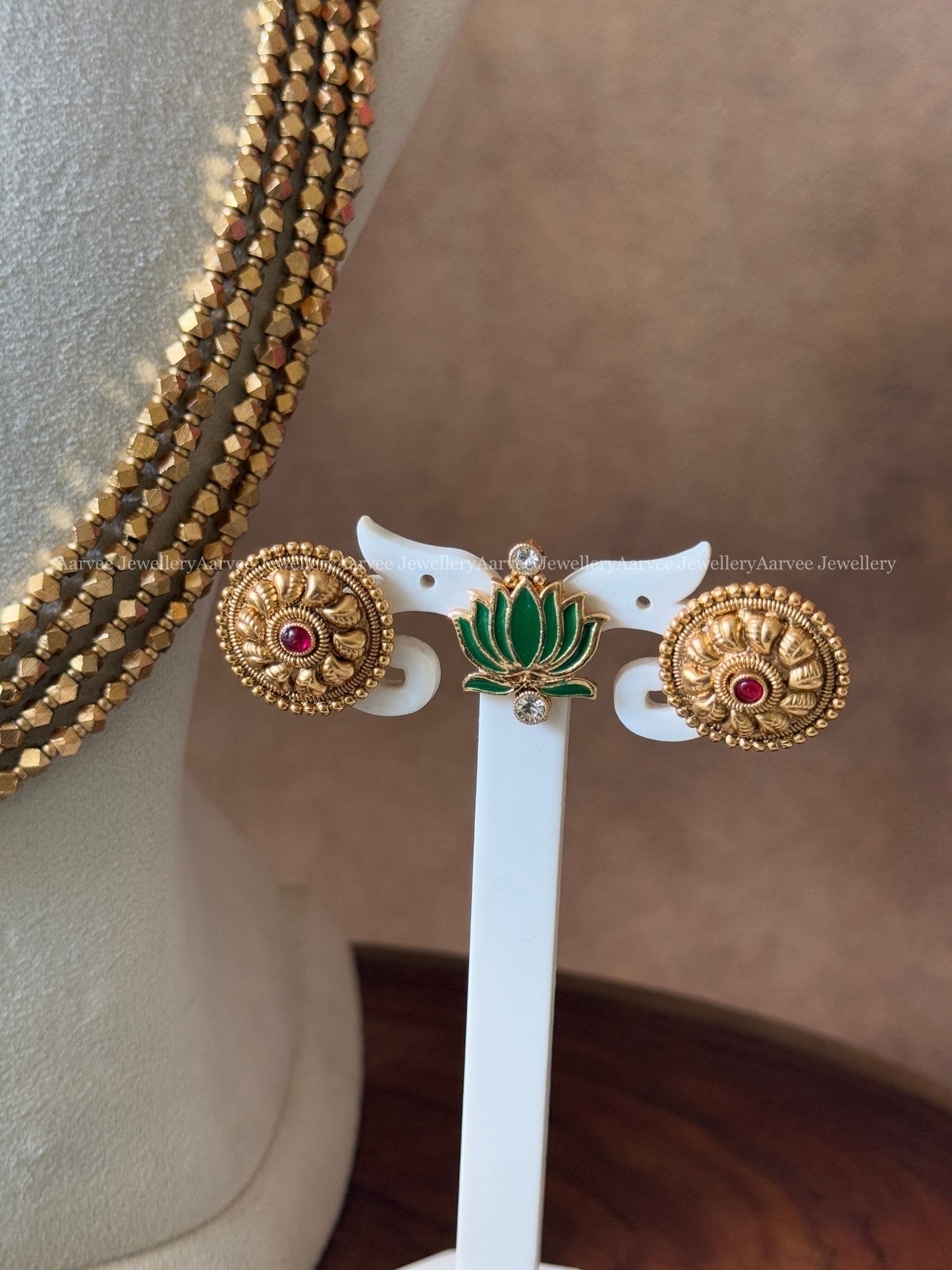 COMBO - GREEN COLOR GOLD CHAIN LOTUS NECKLACE WITH GOLD BEADED LAYERED MALA SET
