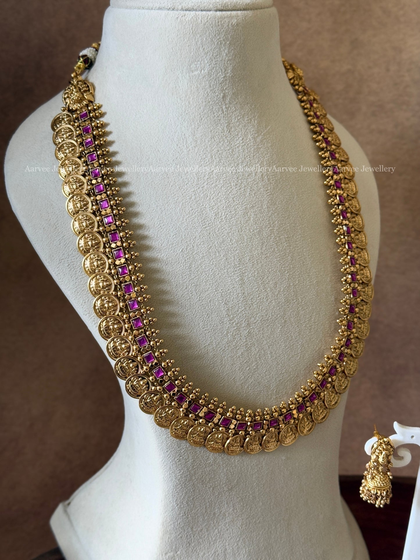 HIGH QUALITY ANTIQUE FINISH LAKSHMI COIN MID LENGTH HARAM SET WITH SEMI PRECIOUS KEMP RUBY STONES