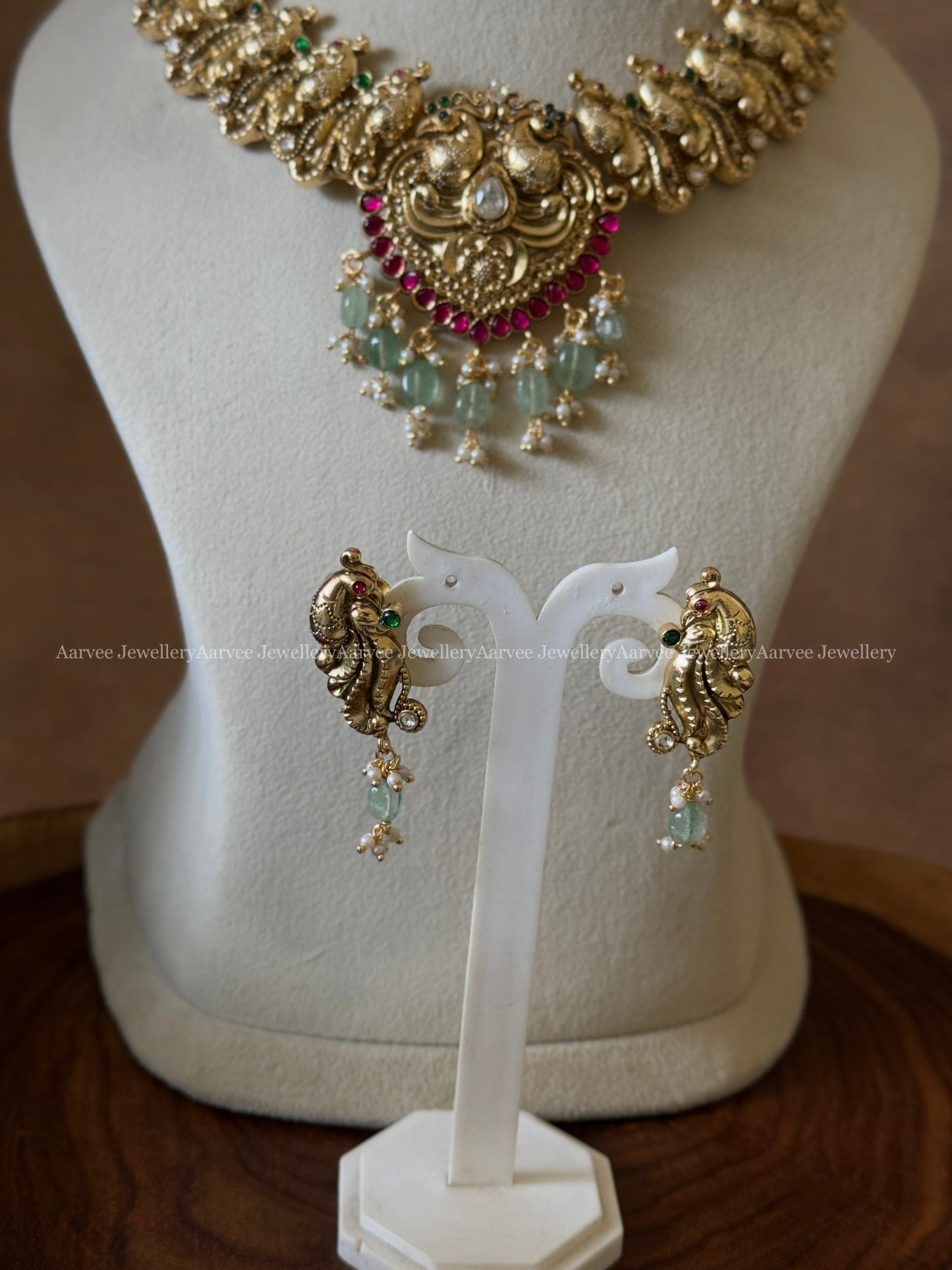 MILD ANTIQUE GOLD PEACOCK DESIGN NECKLACE SET WITH PASTEL BEADS