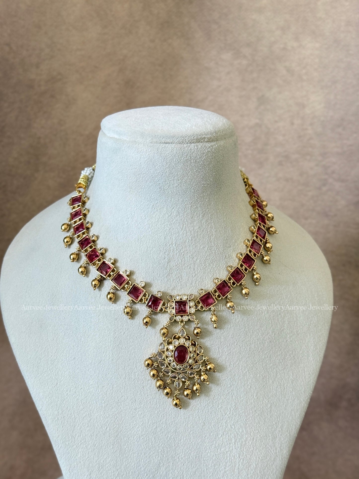 CZ RUBY STONE NECKLACE SET WITH GOLD BEADS