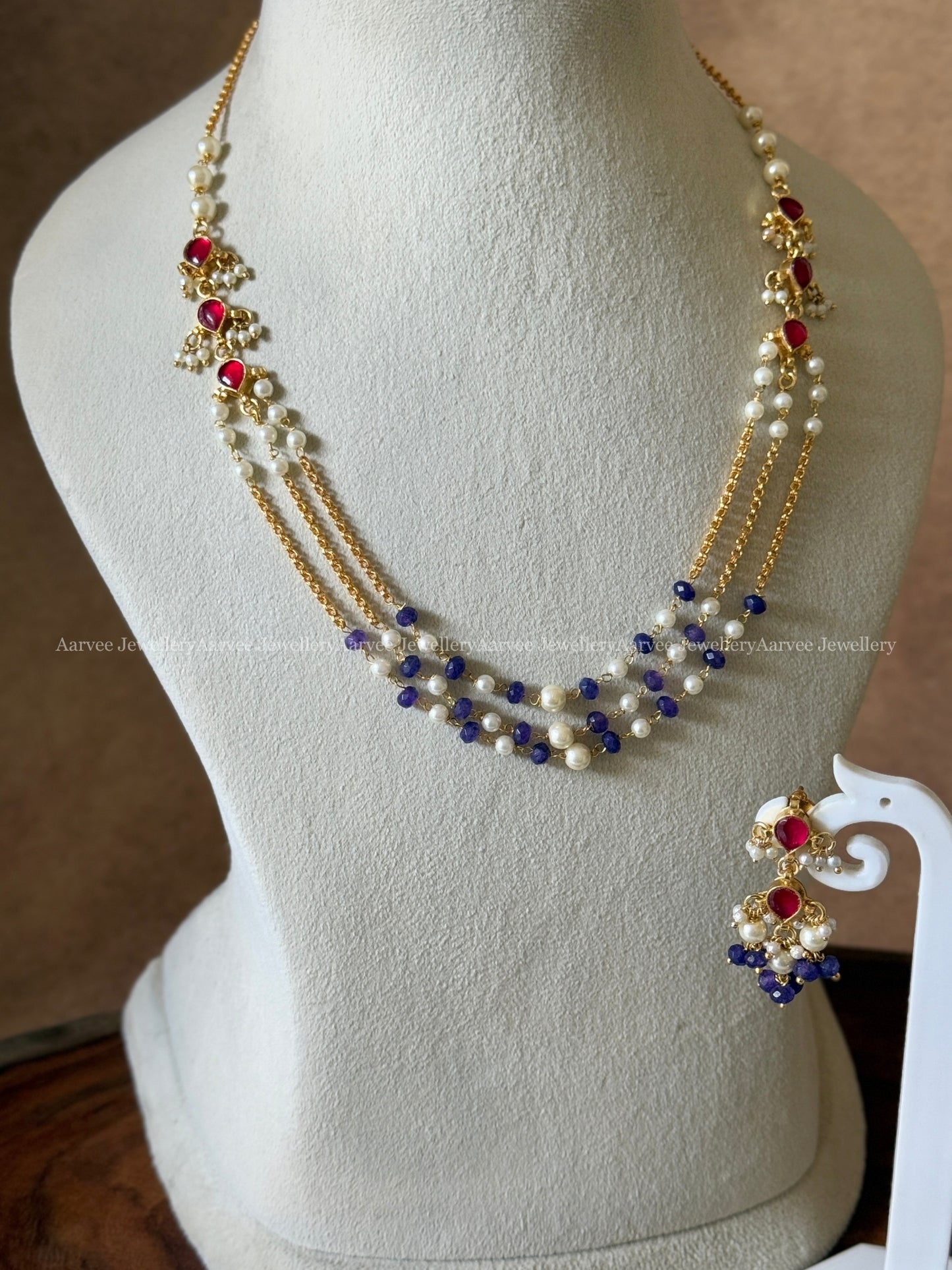 MINIMAL POLKI KUNDAN LAYERED CHAIN SET WITH RUBY STONE & PURPLE BEADS
