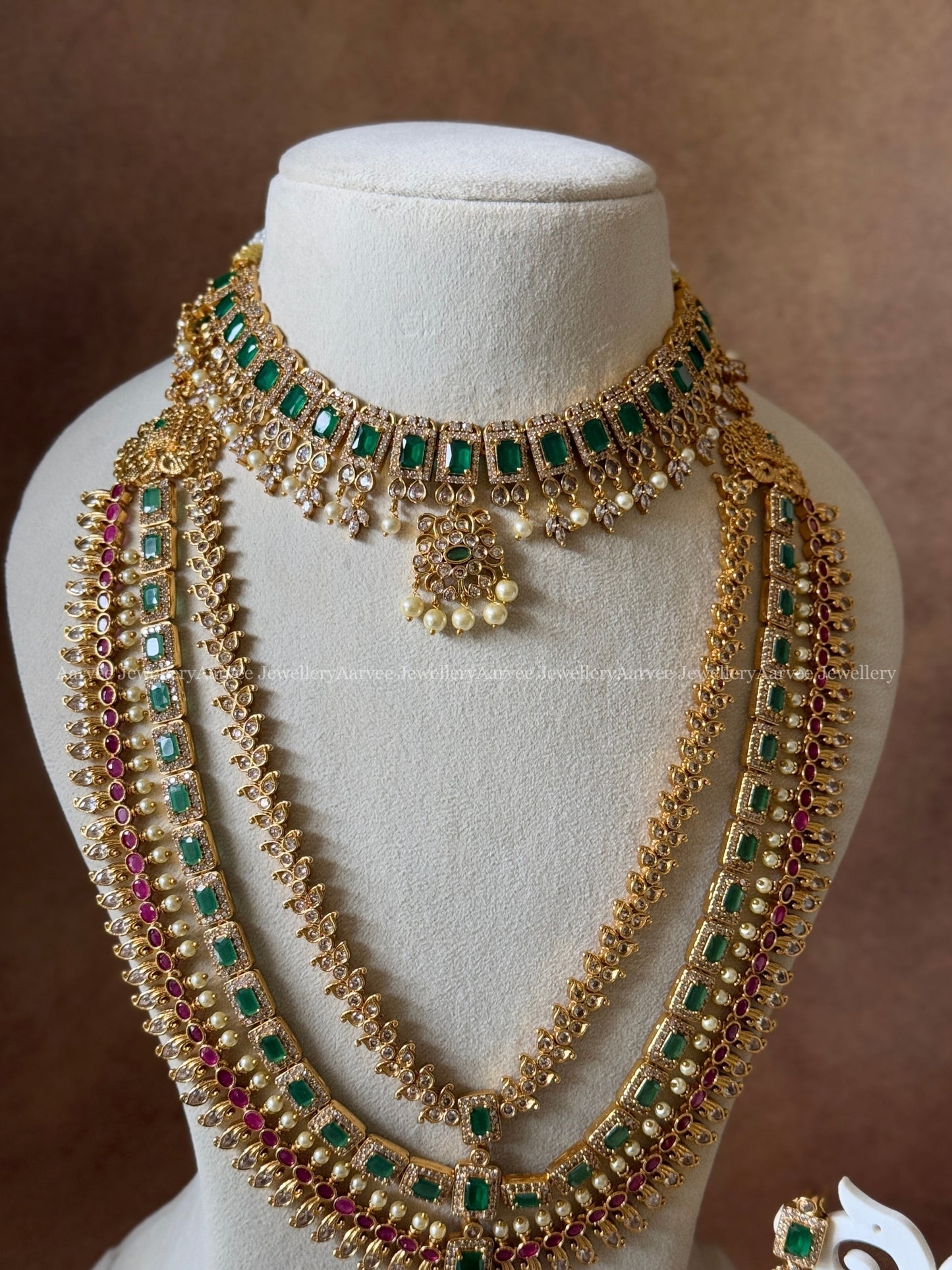 COMBO - CZ GREEN STONE NECKLACE WITH CZ RUBY / GREEN STONE LAYERED MID LENGTH HARAM SET WITH LAKSHMI PENDANT