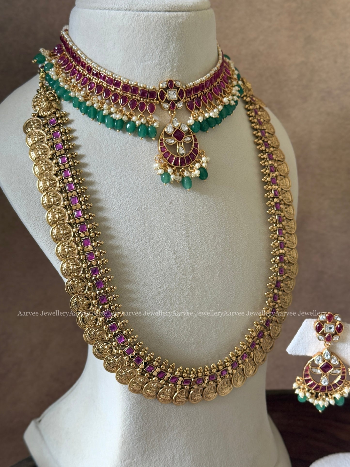 COMBO- SEMI PRECIOUS KEMP CHOKER WITH HIGH QUALITY ANTIQUE FINISH LAKSHMI COIN MID LENGTH HARAM SET WITH RUBY STONES