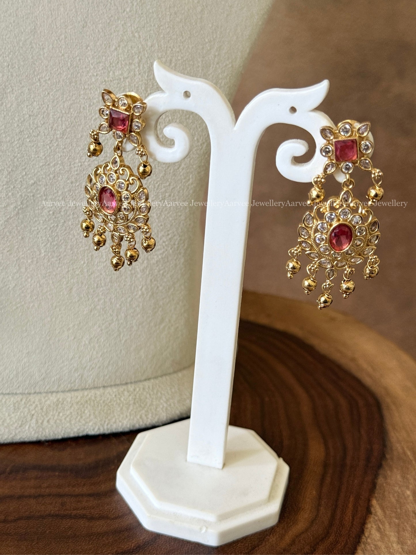 CZ RUBY STONE NECKLACE SET WITH GOLD BEADS