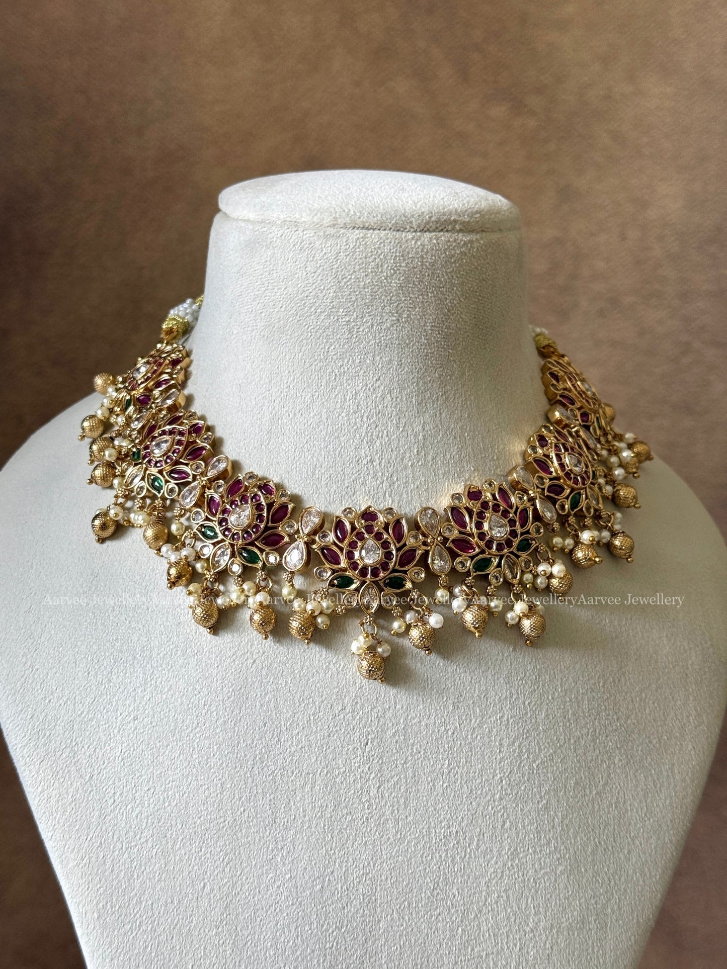 CZ LOTUS MOTIF NECKLACE SET WITH RUBY & GREEN STONES AND GOLD BEADS & PEARLS