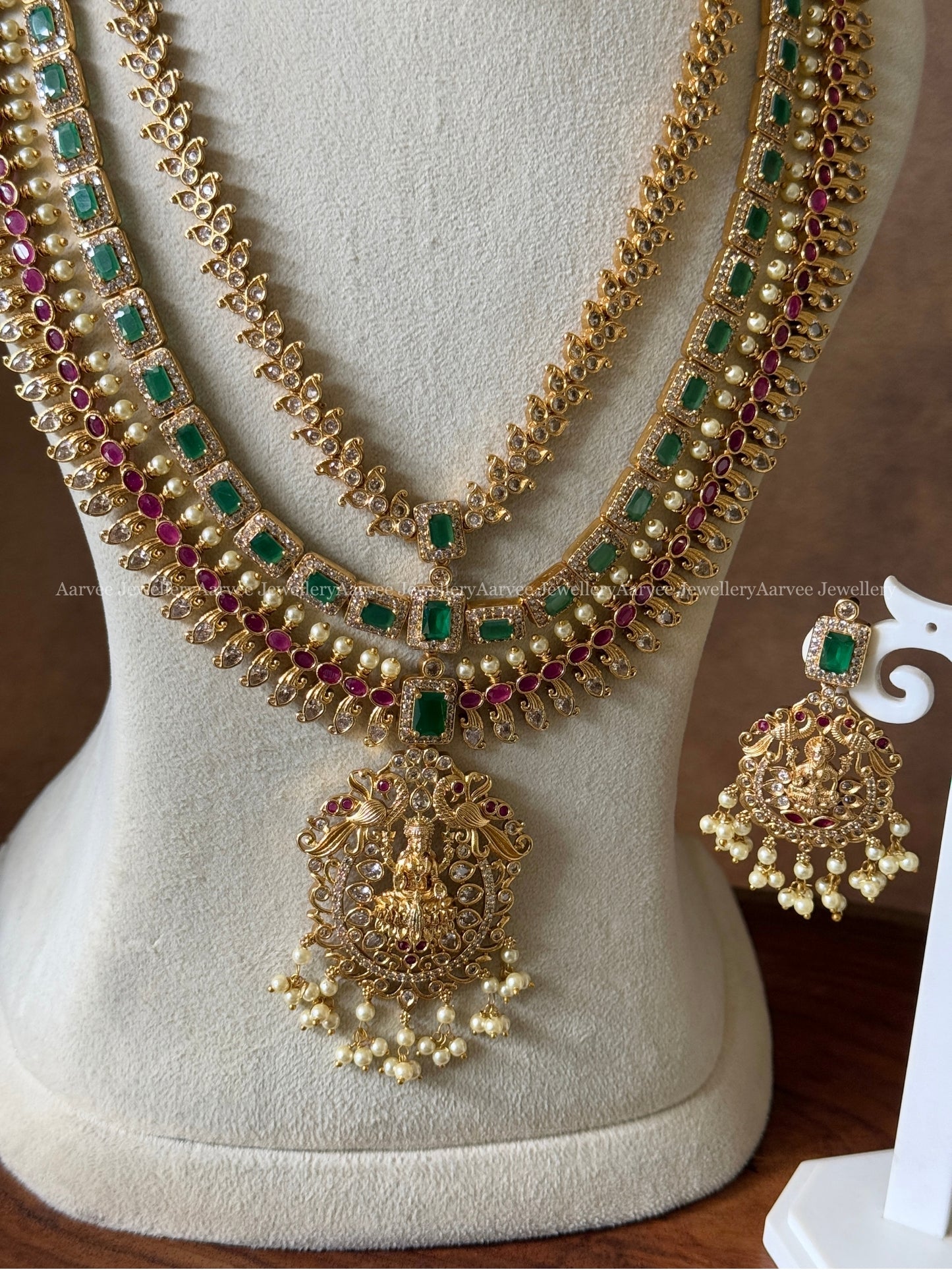 COMBO - CZ RUBY STONE NECKLACE WITH CZ RUBY / GREEN STONE LAYERED MID LENGTH HARAM SET WITH LAKSHMI PENDANT