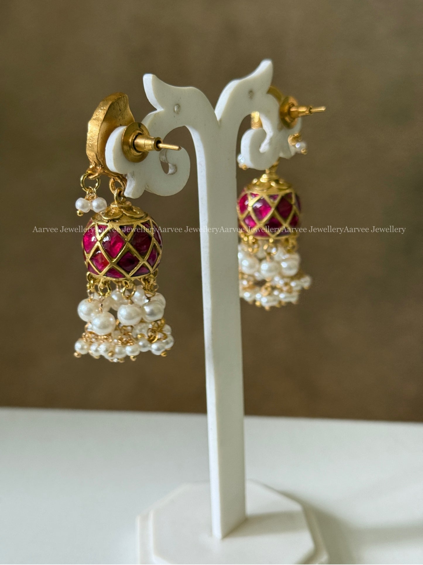 JADAU KUNDAN MANGO JHUMKI WITH PINK STONE & PEARLS