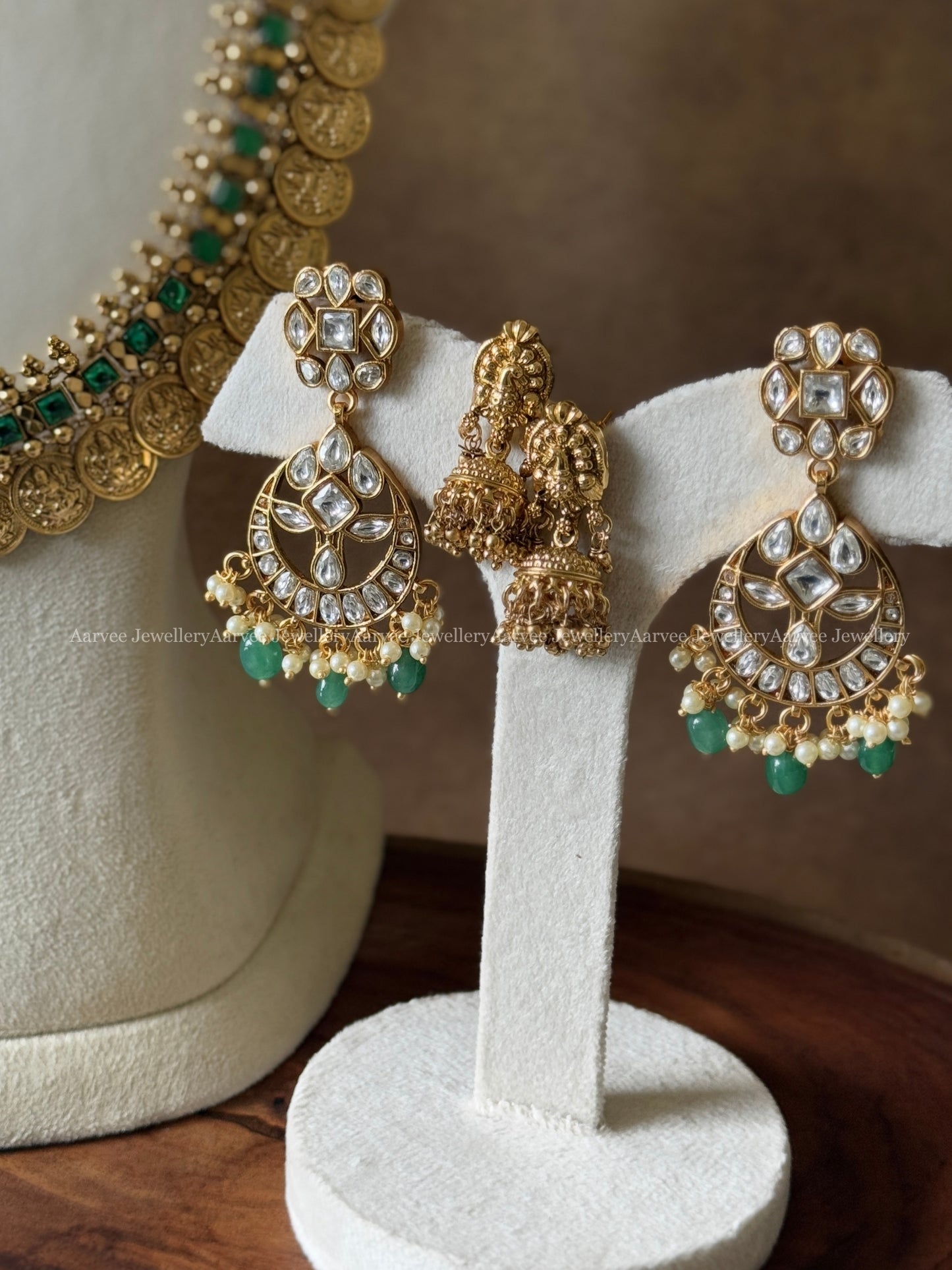 COMBO- SEMI PRECIOUS KUNDAN CHOKER WITH HIGH QUALITY ANTIQUE FINISH LAKSHMI COIN MID LENGTH HARAM SET WITH GREEN STONE