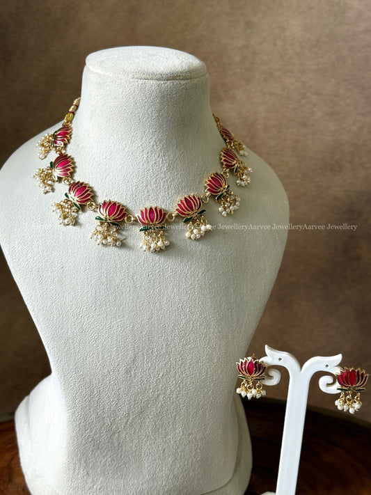 PINK LOTUS NECKLACE SET WITH PEARL DROPS - PREMIUM