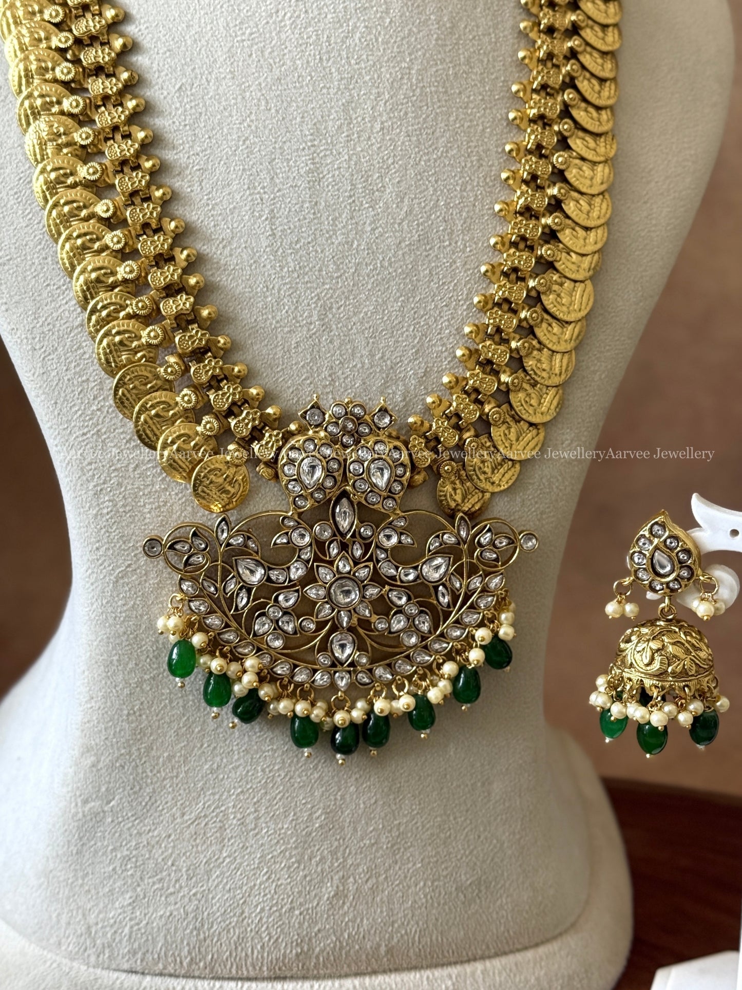 COMBO - WHITE KEMP STONE CHOKER WITH JADAU KUNDAN COIN MIDLENGTH HARAM AND JHUMKI WITH GREEN BEADS