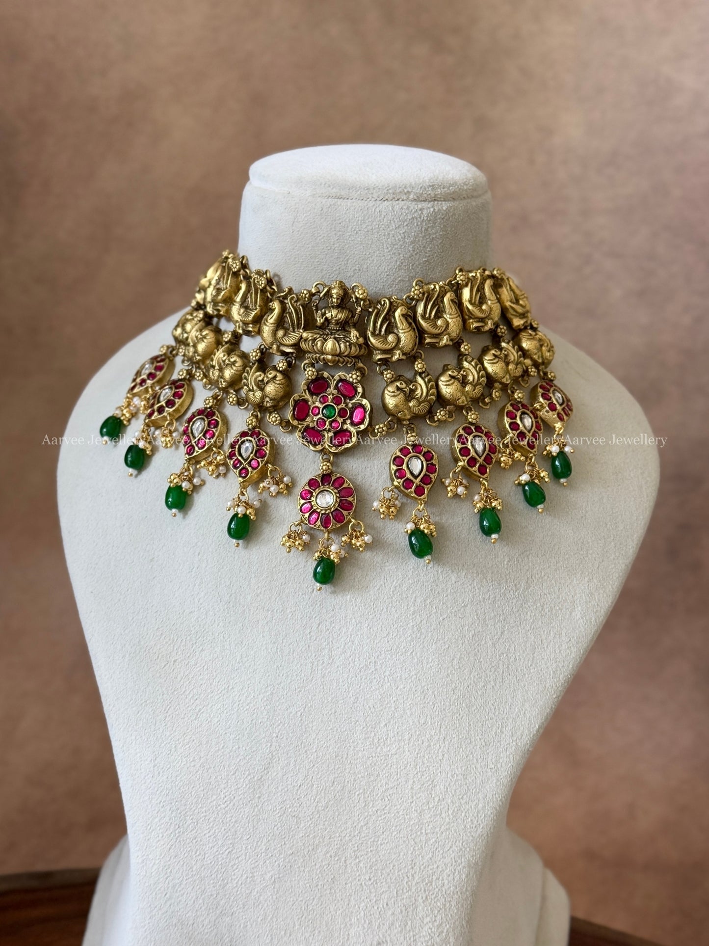 JADAU KUNDAN PEACOCK & LAKSHMI CHOKER WITH RUBY STONES & GREEN BEADS