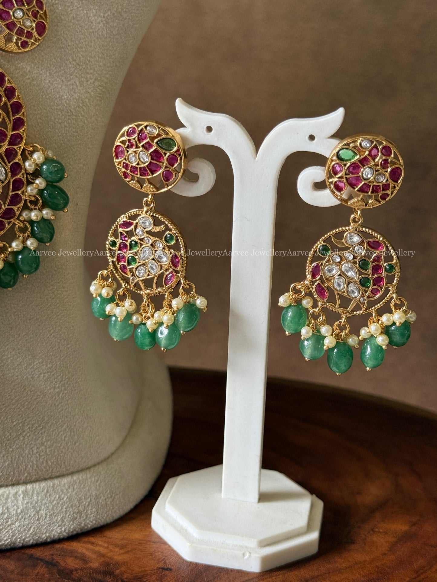 PREMIUM KEMP STONES PEACOCK PENDANT LONG HARAM SET WITH PASTEL BEADS