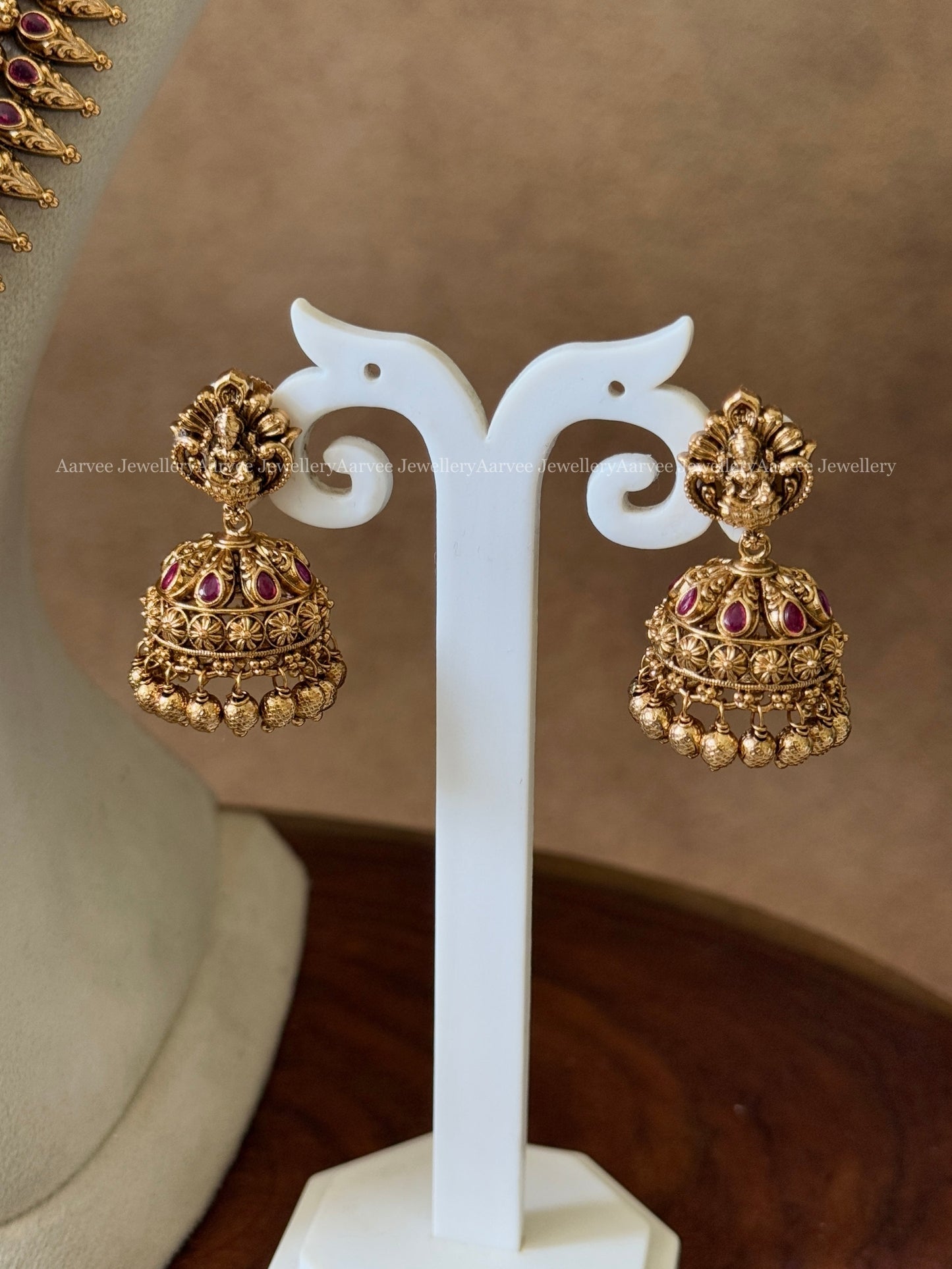 ANTIQUE GOLD LAKSHMI PENDANT NECKLACE AND HARAM SET WITH RUBY STONE & GOLD BEADS