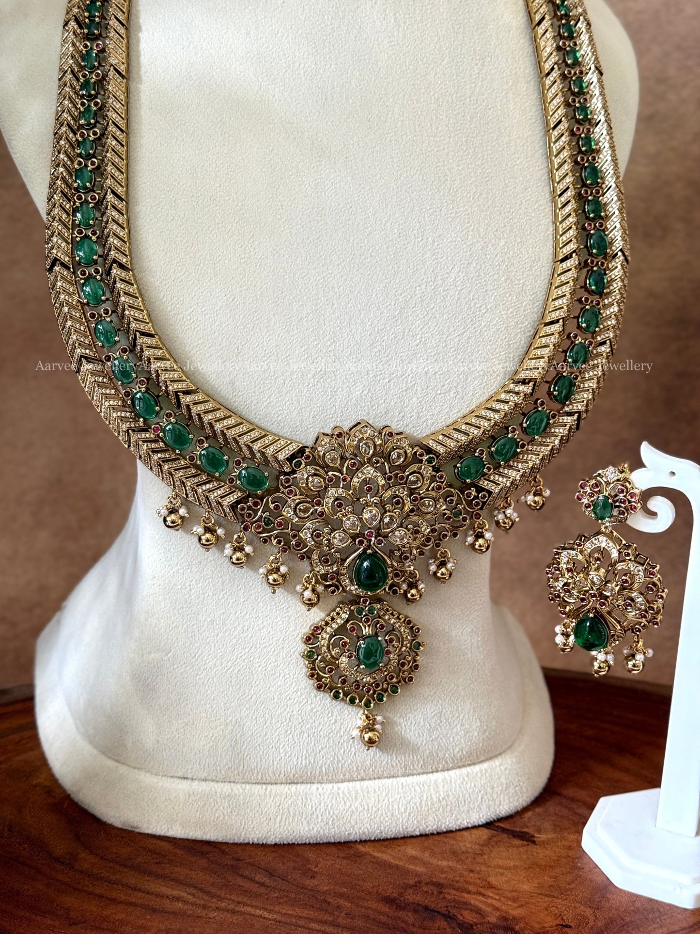 GREEN STONE PEACOCK DESIGN HARAM SET WITH GOLD BEADS - NON IDOL