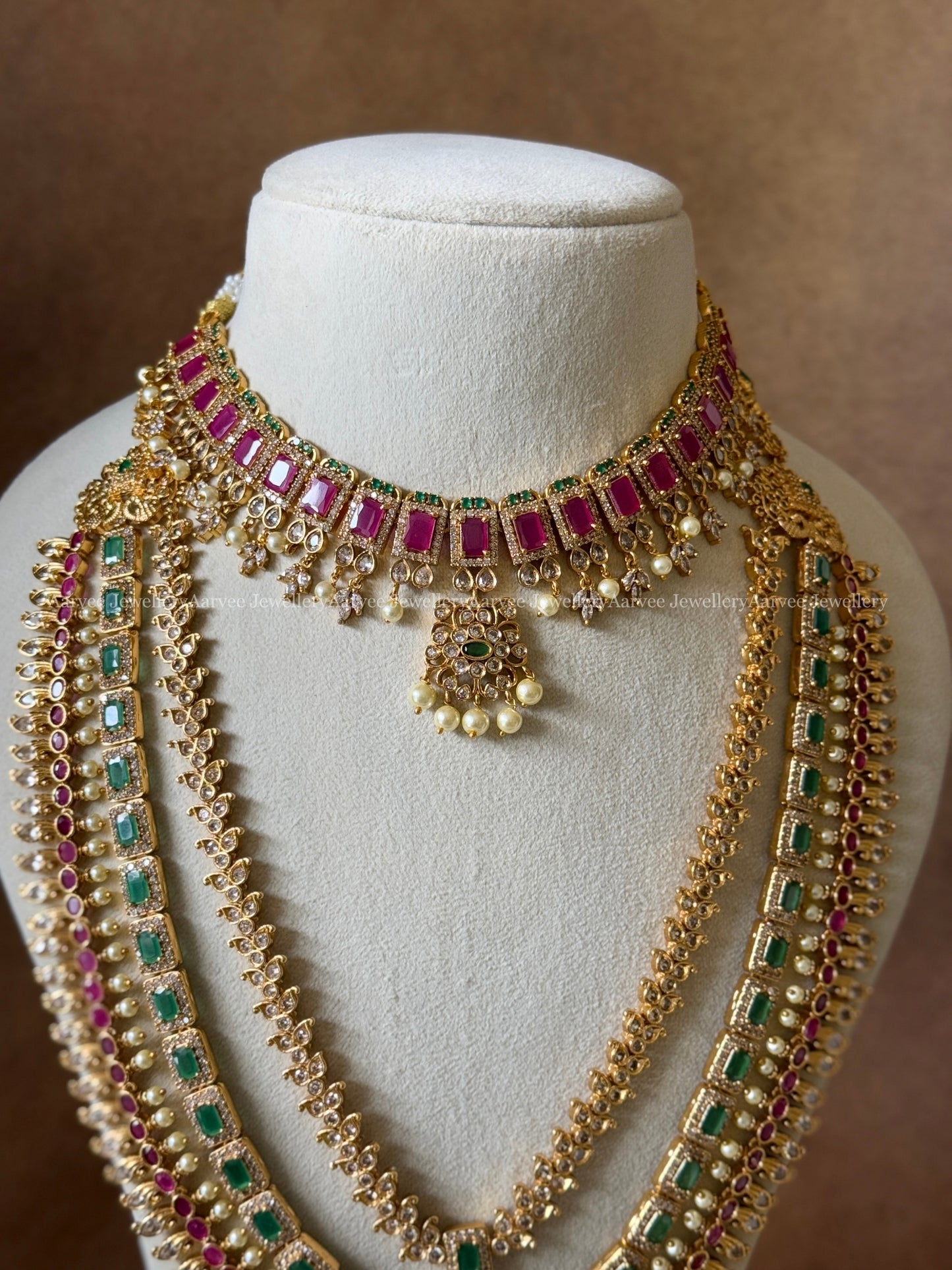 COMBO - CZ RUBY STONE NECKLACE WITH CZ RUBY / GREEN STONE LAYERED MID LENGTH HARAM SET WITH LAKSHMI PENDANT