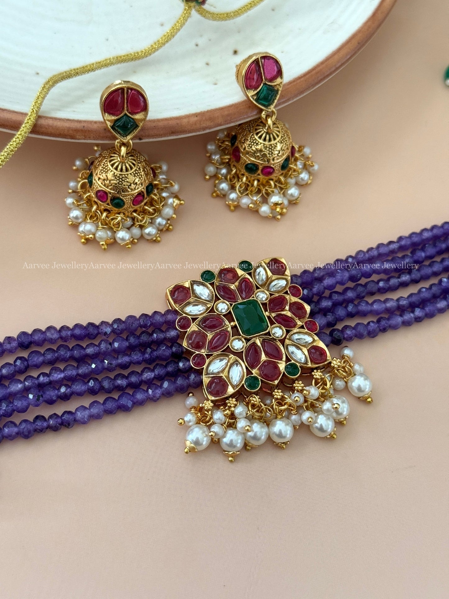 PURPLE BEADED SQUARE CHOKER SET WITH RUBY / GREEN STONES AND PEARLS