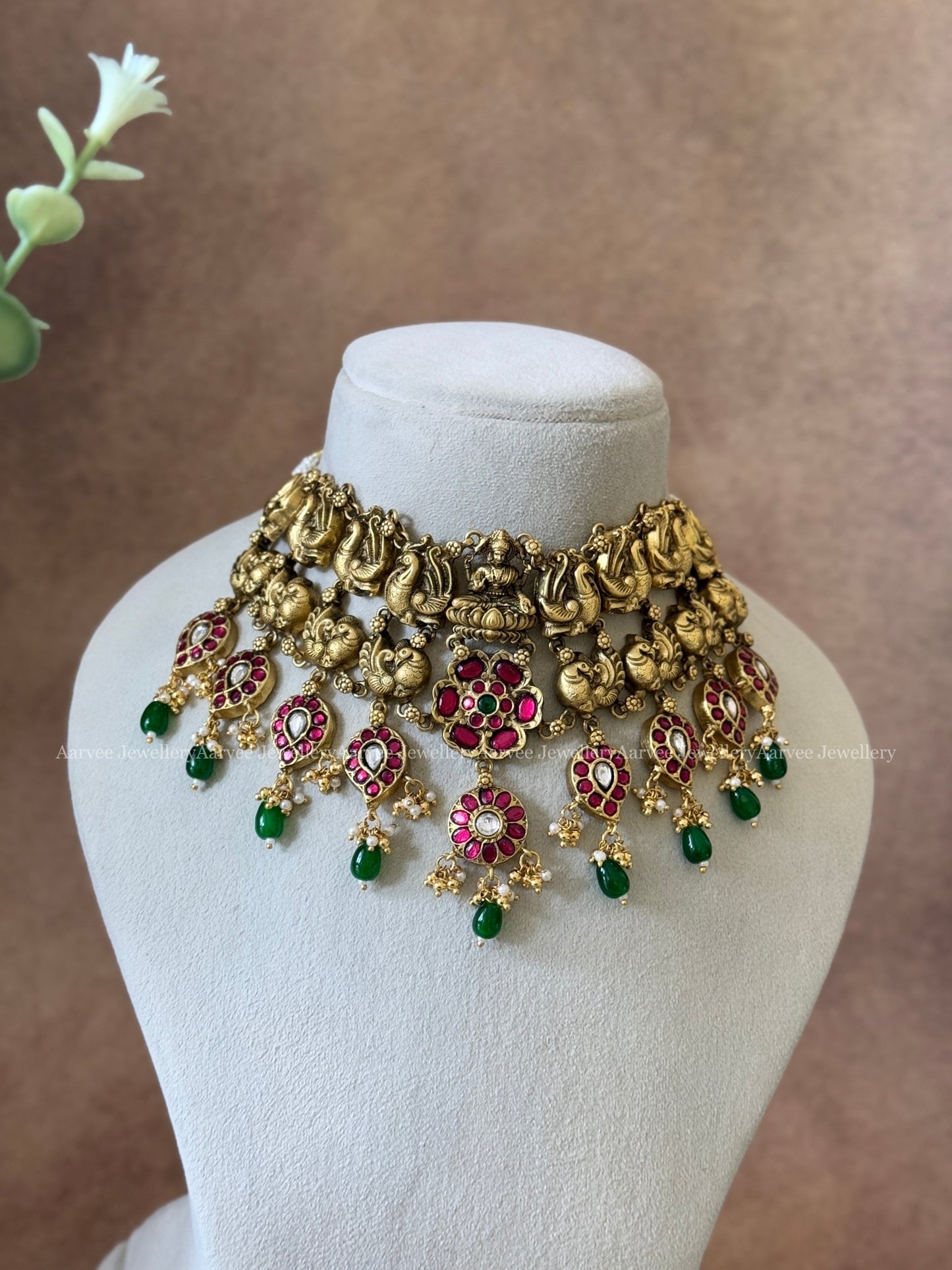 JADAU KUNDAN PEACOCK & LAKSHMI CHOKER WITH RUBY STONES & GREEN BEADS