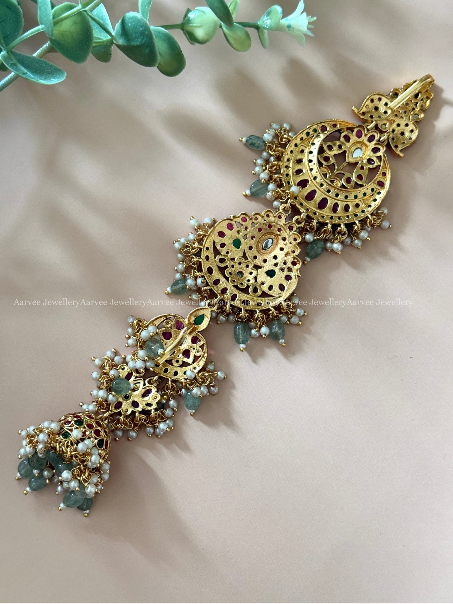 HAIR ACCESSORY WITH MANGO, LOTUS FLORAL MOTIF IN MULTI COLOR KEMP STONES WITH PASTEL BEADS MEDIUM LENGTH