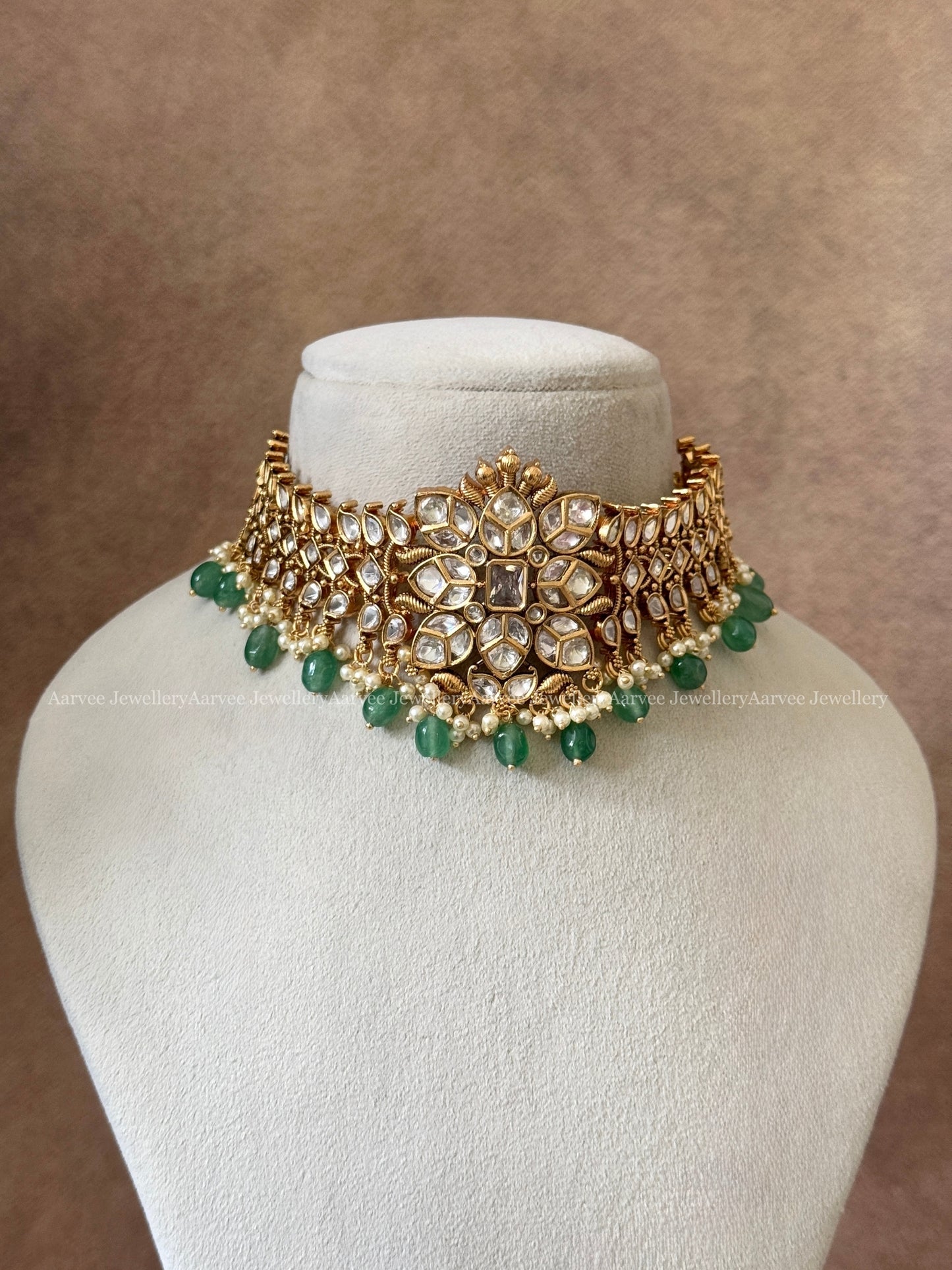 KUNDAN WHITE STONE FLORAL HIGH NECK CHOKER SET WITH PASTEL BEADS