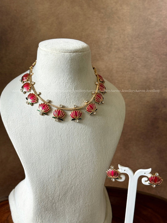 GOLD CHAIN PINK LOTUS NECKLACE SET - PREMIUM