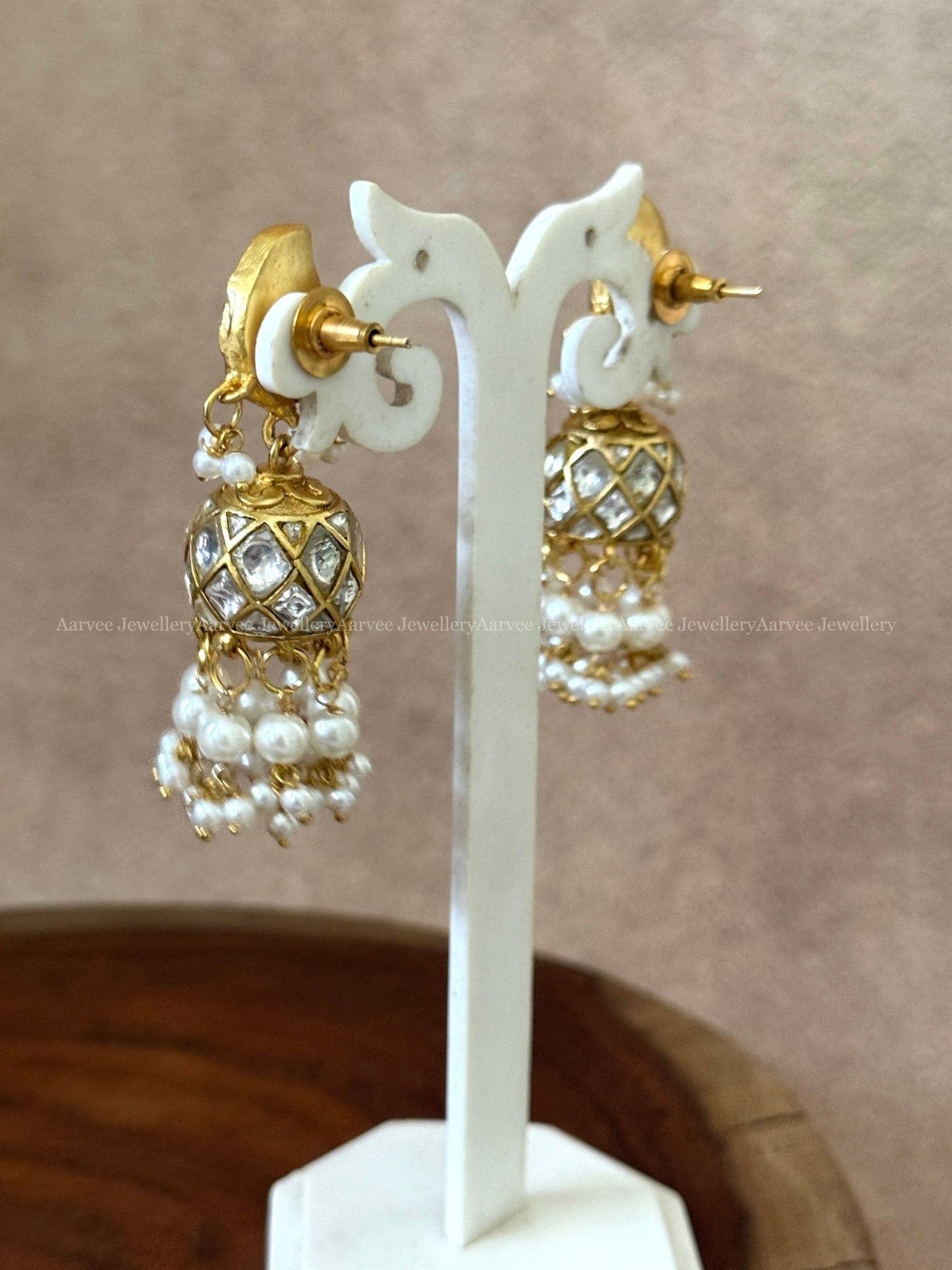 JADAU KUNDAN WHITE STONE MANGO JHUMKI WITH PEARLS