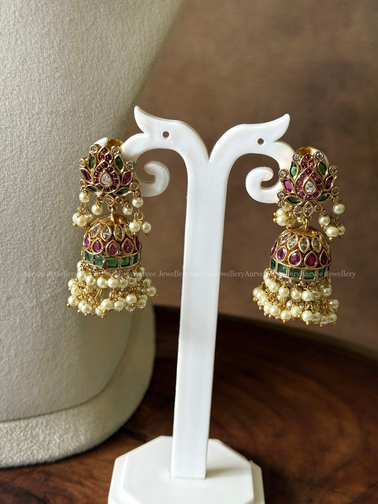 CZ LOTUS MOTIF NECKLACE SET WITH RUBY & GREEN STONES AND GOLD BEADS & PEARLS