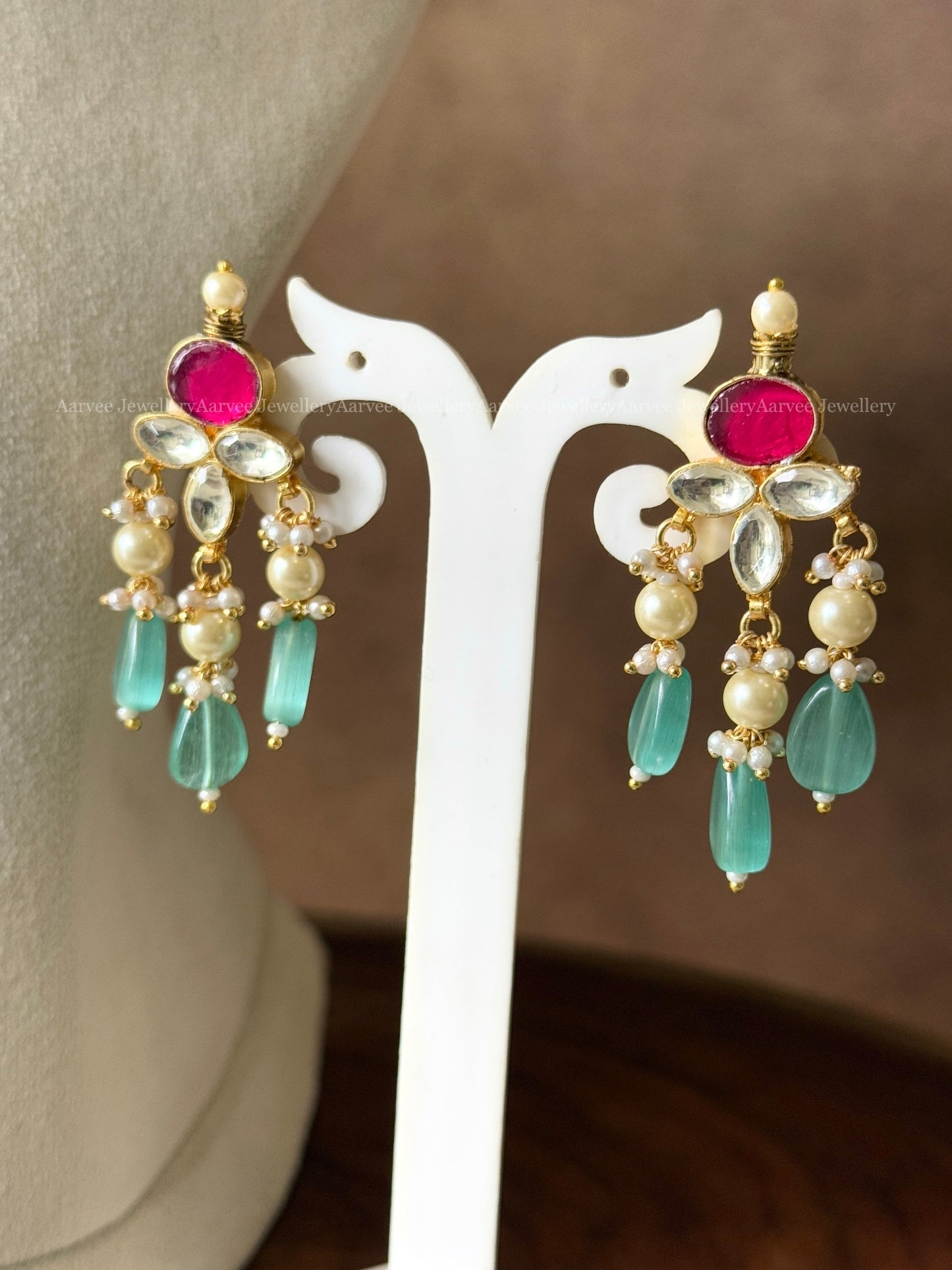 POLKI KUNDAN NECKLACE SET WITH RUBY & WHITE STONES AND AQUA BLUE BEADS