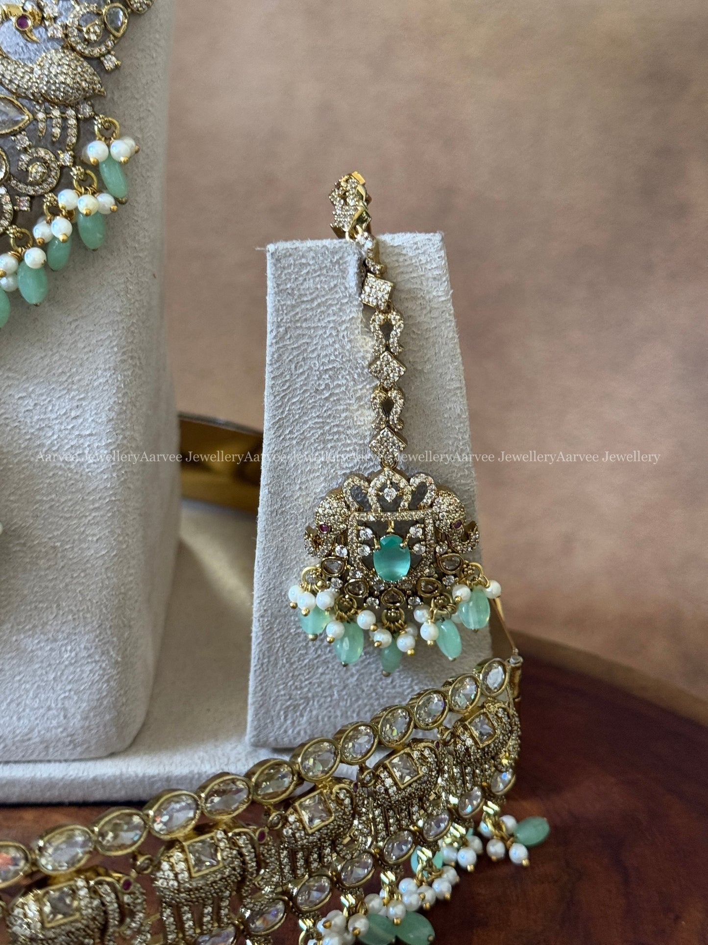 VICTORIAN BRIDAL JEWELLERY SET PASTEL BLUE STONE & PASTEL BLUE BEADS