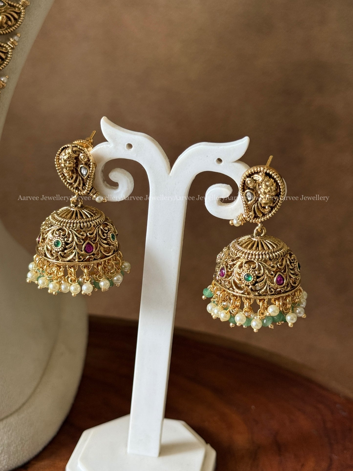 PREMIUM ANTIQUE GOLD KUNDAN STONES PEACOCK MOTIF HARAM SET WITH PASTEL BEADS