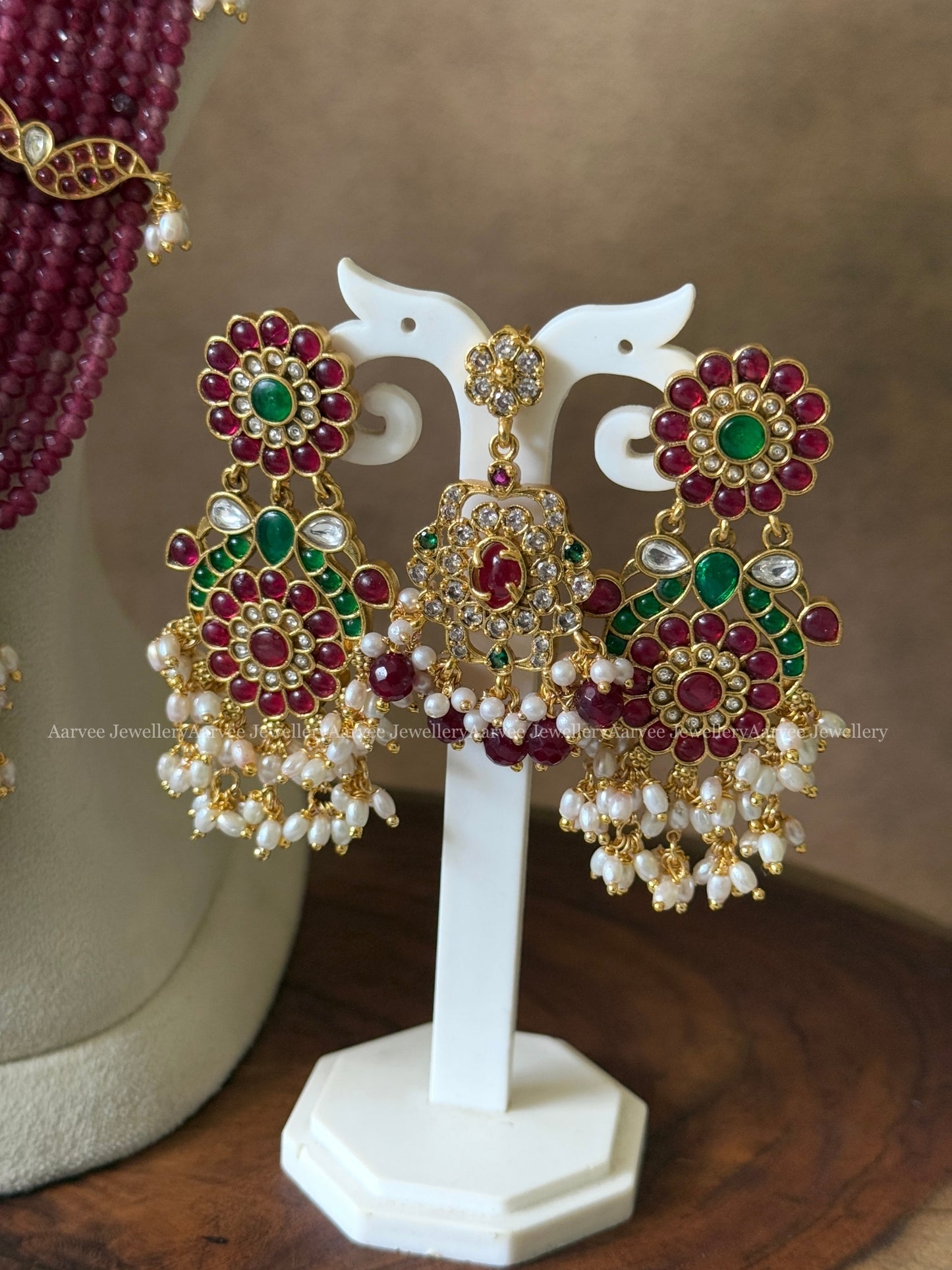 COMBO - CZ CHOKER AND RUBY BEADED HARAM SET WITH FLORAL PENDANT / SIDE PENDANT