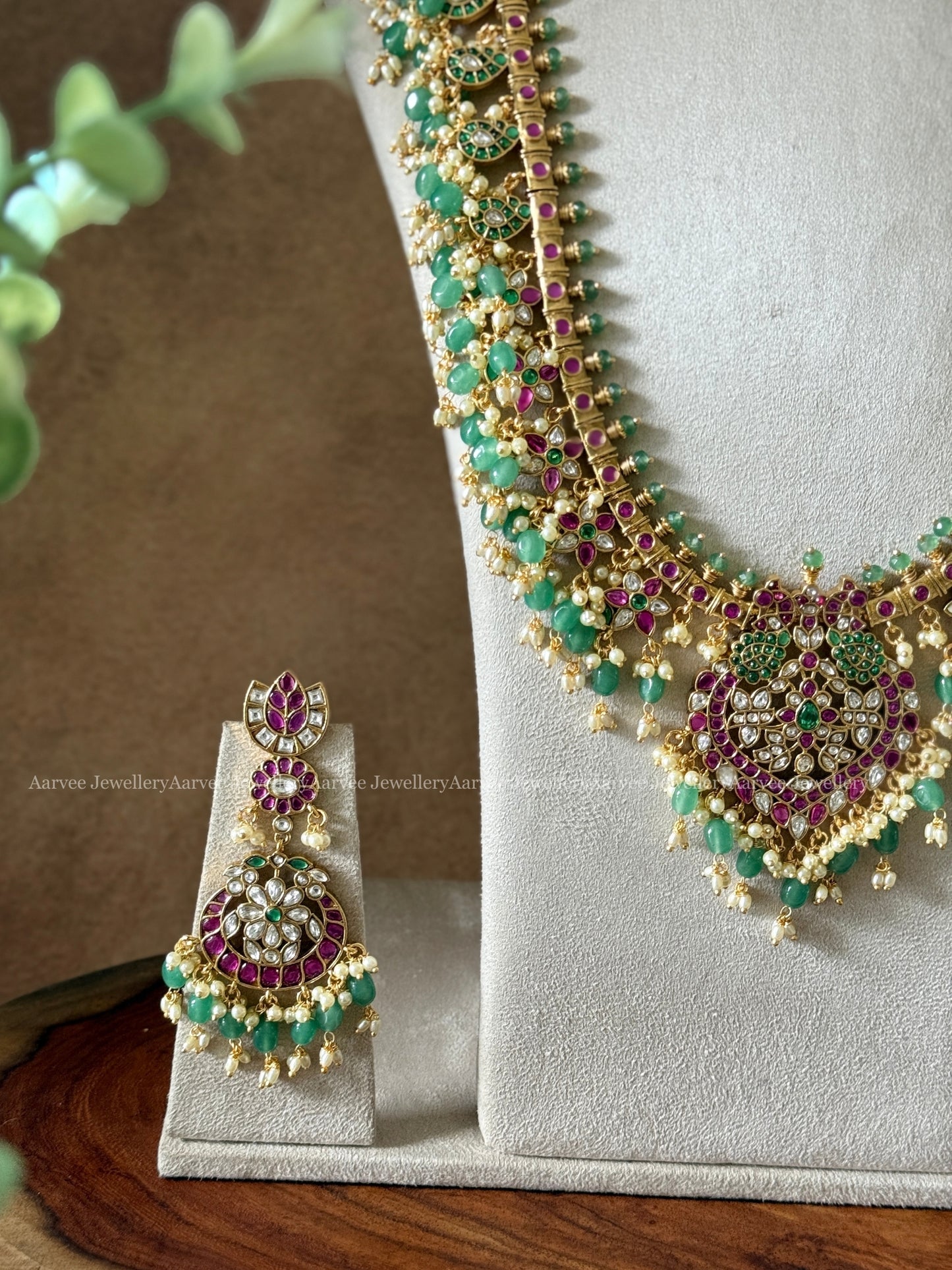 COMBO - JALEBI GREEN STONE FLORAL NECKLACE WITH FLORAL GUTTA PUSALU HARAM SET WITH PASTEL BEADS