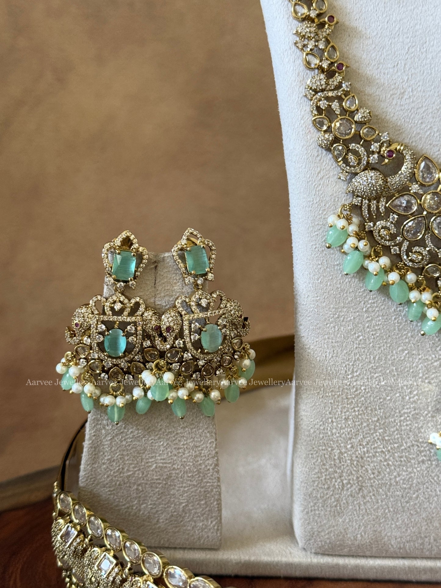 VICTORIAN BRIDAL JEWELLERY SET PASTEL BLUE STONE & PASTEL BLUE BEADS