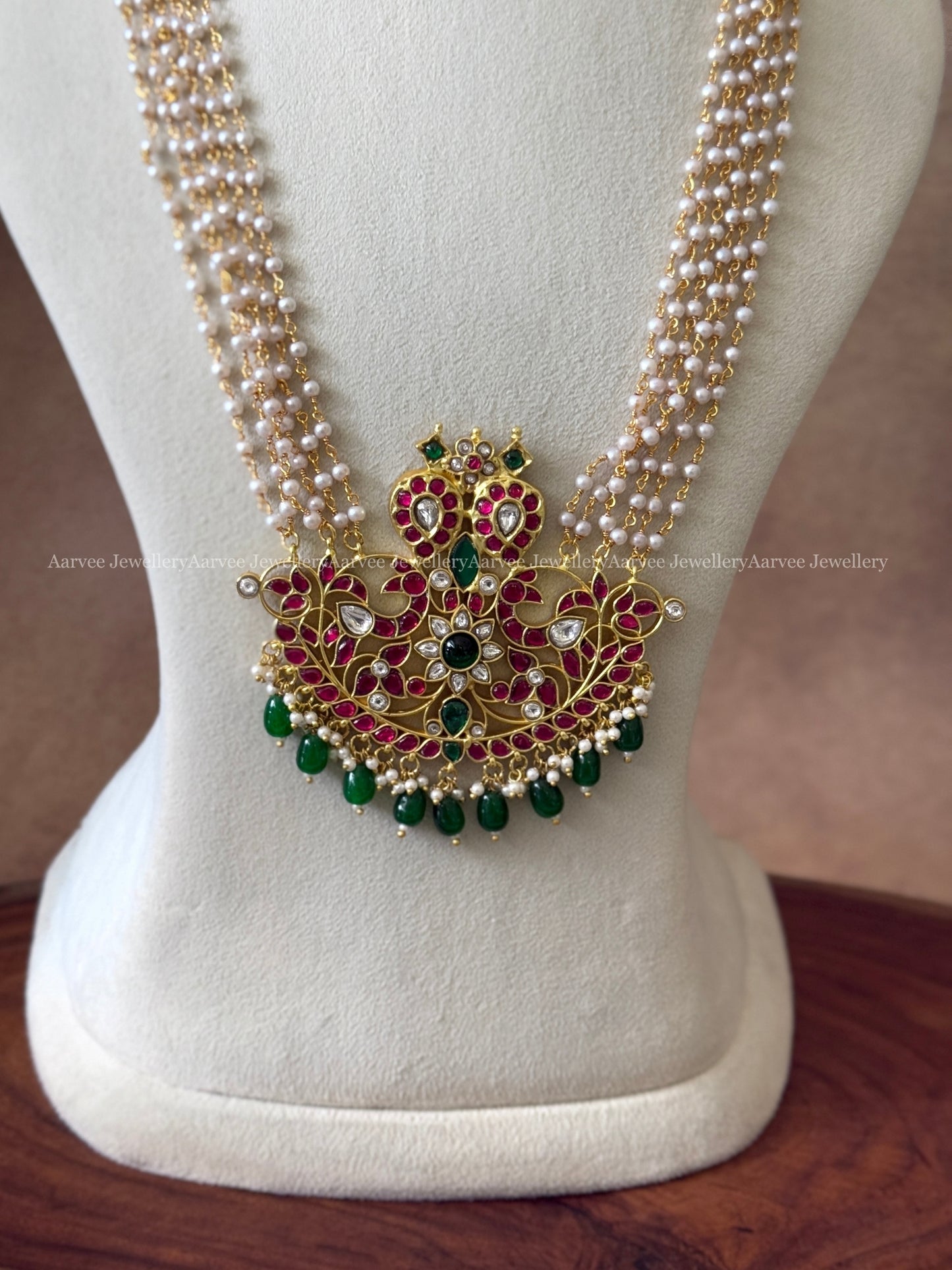 PEARL CHAIN WITH JADAU KUNDAN MANGO PENDANT WITH GREEN BEADS