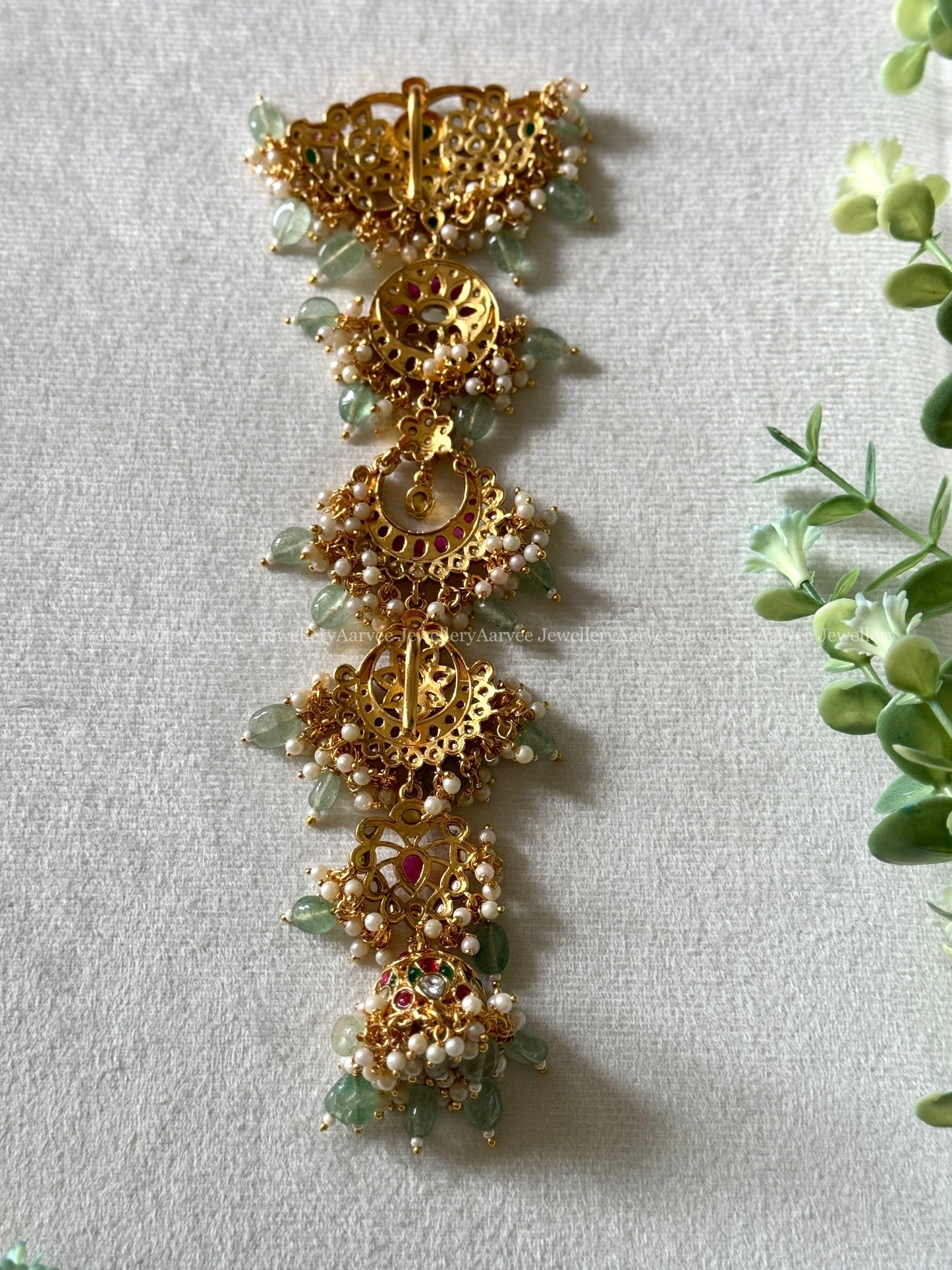 CHAND & FLORAL DESIGN HAIR ACCESSORY MULTI COLOR KEMP STONES WITH PASTEL BEADS MEDIUM LENGTH
