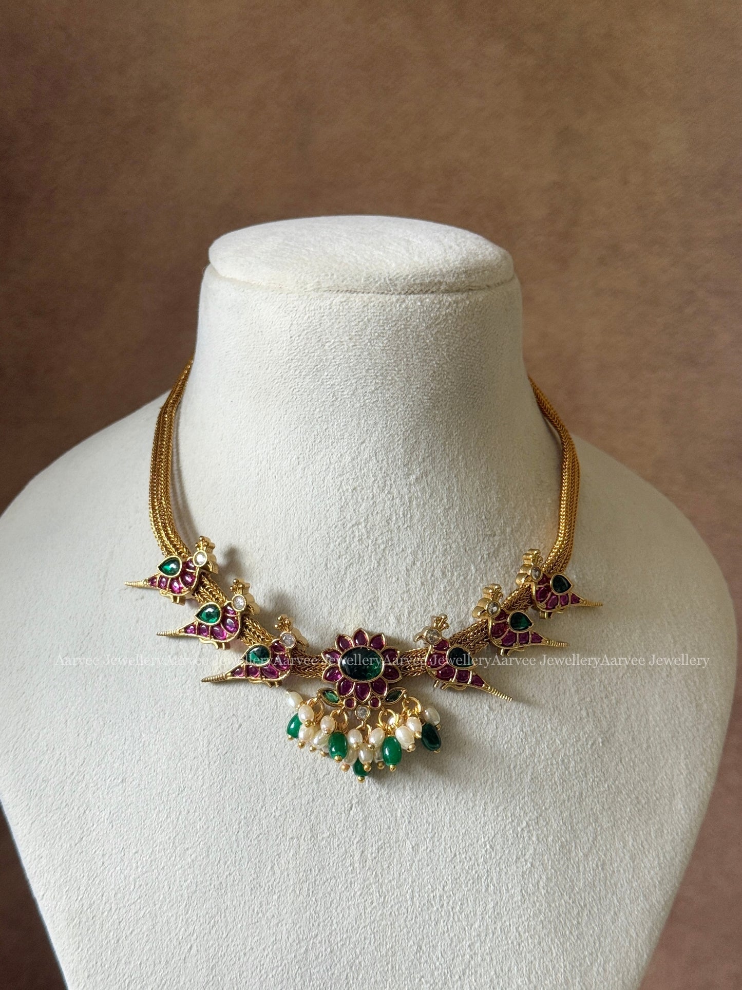 GOLD MESH CHAIN NECKLACE SET WITH PARROT AND FLORAL MOTIF WITH GREEN BEADS