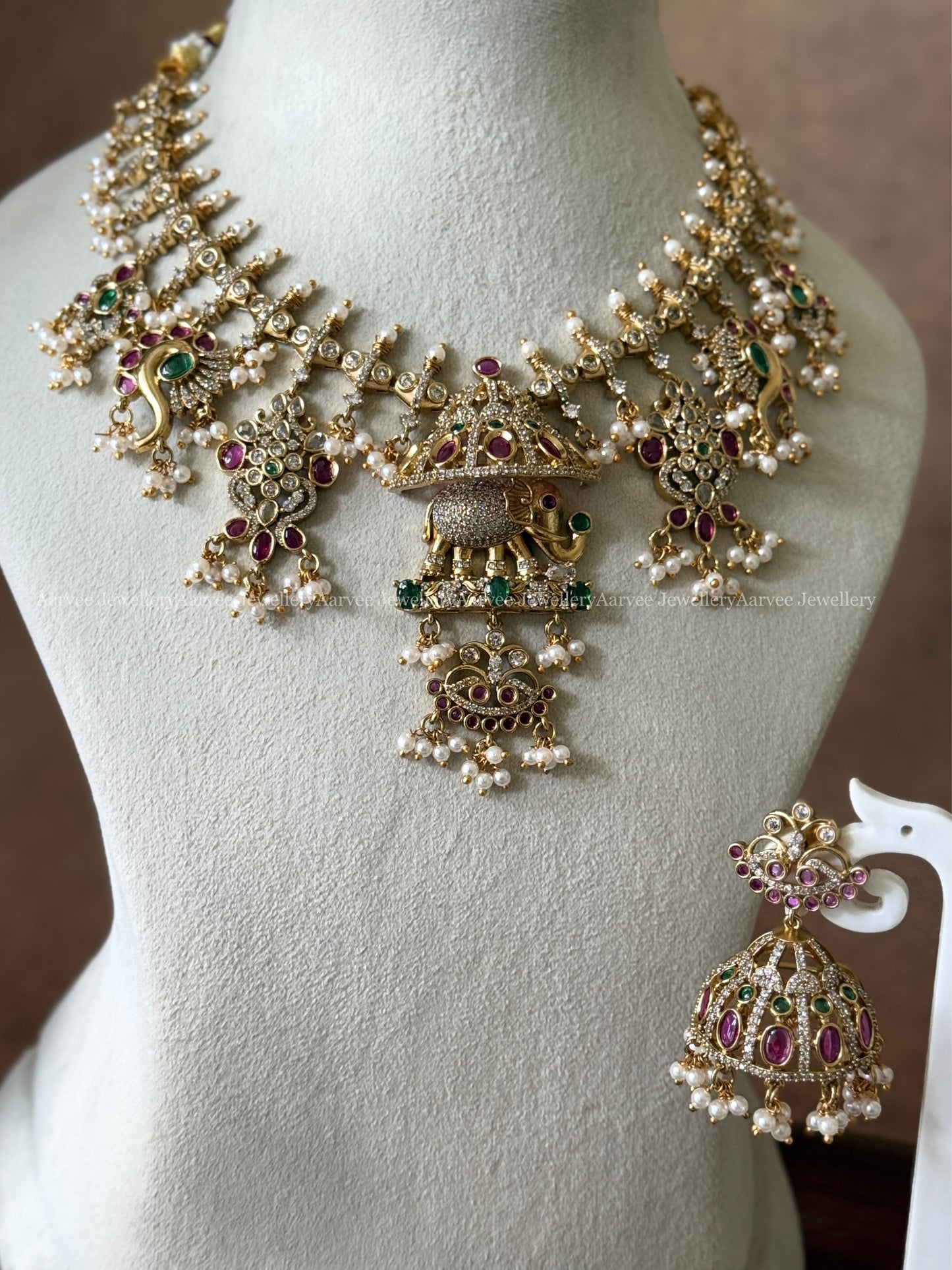 EXQUISITE MULTI COLOR CZ STONES ELEPHANT PENDANT NECKLACE SET