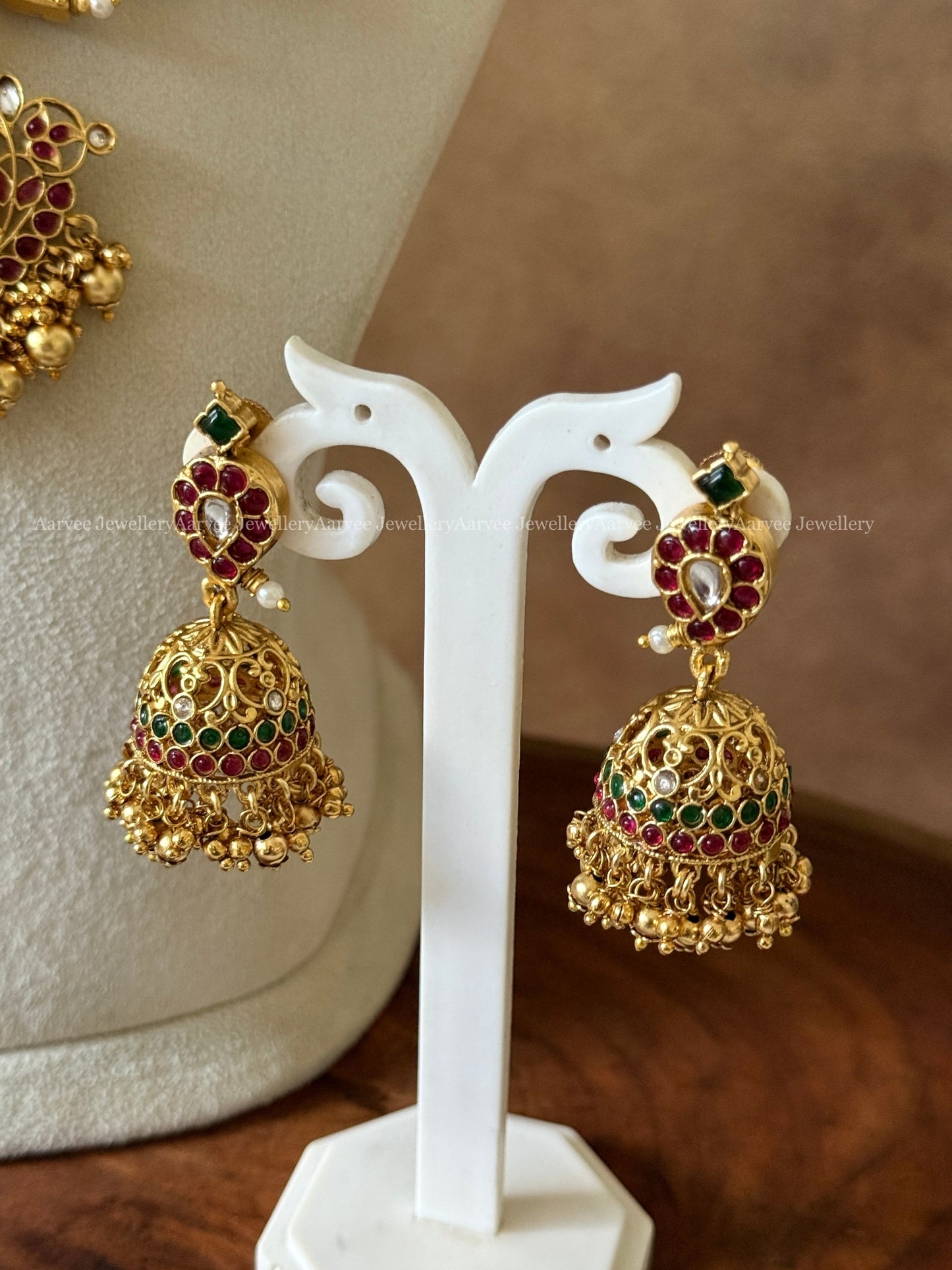 KEMP RUBY STONE MANGO NECKLACE SET WITH GOLD BEADS