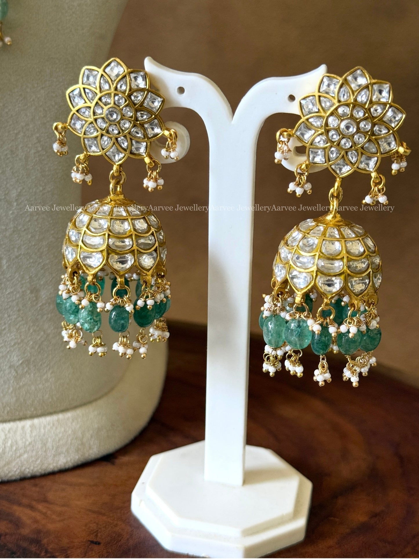 JADAU KUNDAN WHITE STONE STATEMENT NECKLACE WITH FLORAL JHUMKI AND PASTEL BEADS