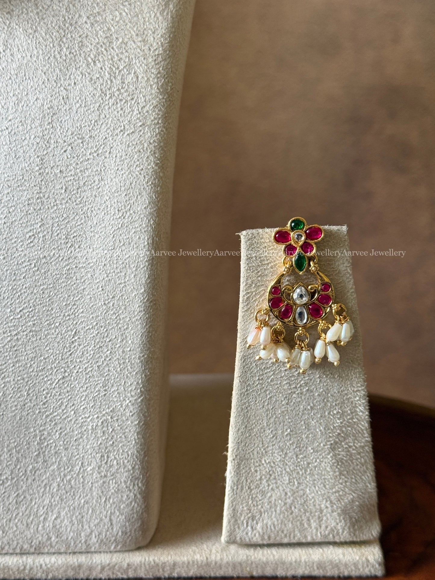 SEMI PRECIOUS KEMP STONES GUTTA PUSALU HARAM SET WITH PEACOCK PENDANT & RICE PEARLS | GOLD FINISH