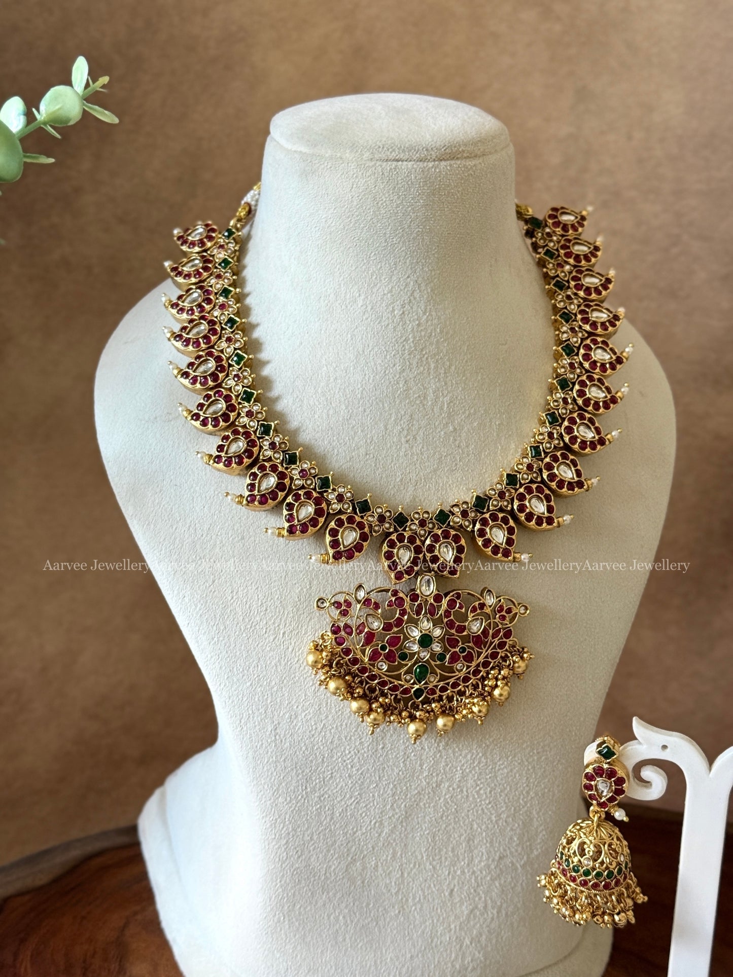 KEMP RUBY STONE MANGO NECKLACE SET WITH GOLD BEADS