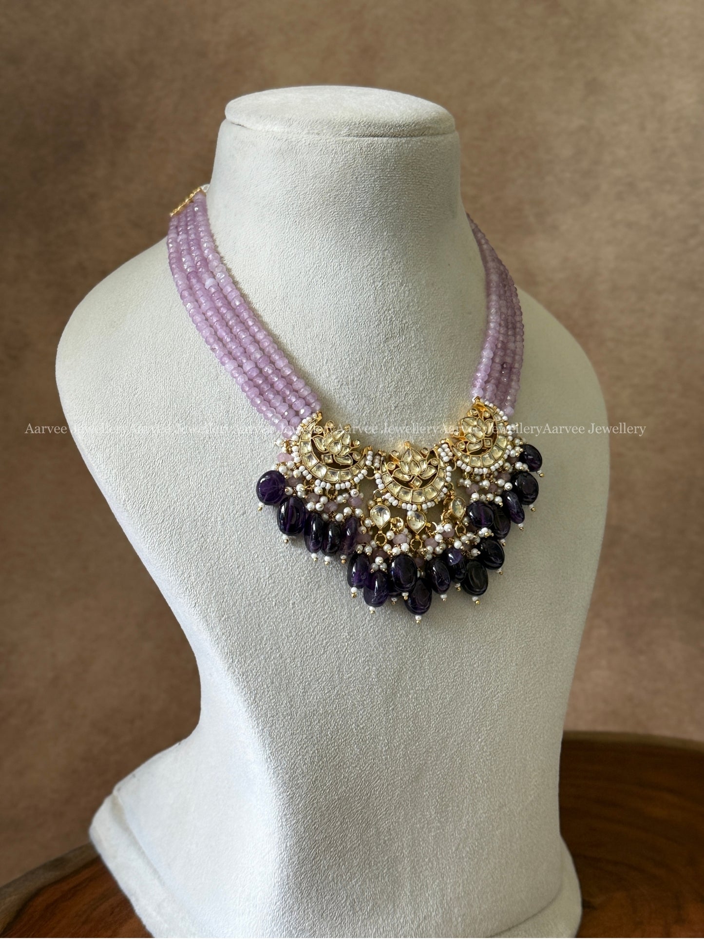 POLKI KUNDAN BEADED WHITE STONE LOTUS MOTIF NECKLACE WITH PURPLE BEADS