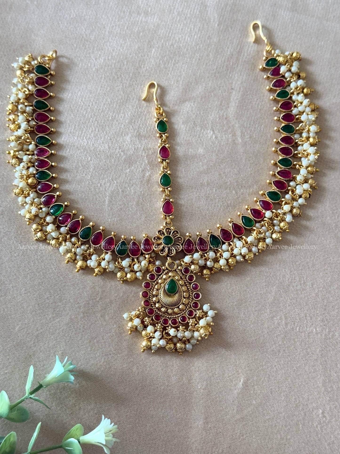 KEMP MATHAPATI NON IDOL FLORAL PENDANT WITH RUBY/GREEN STONES AND PEARLS | GOLD FINISH