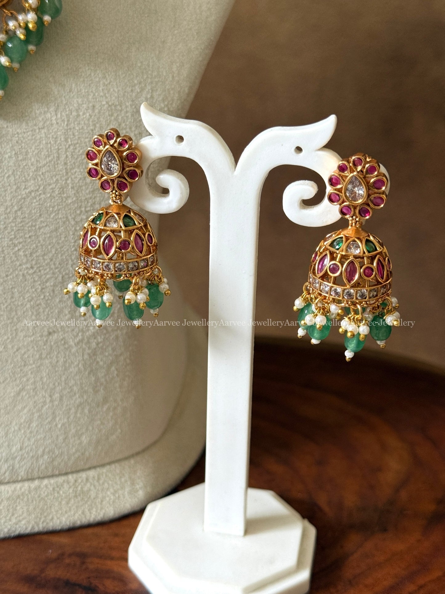 KEMP RUBY STONE FLORAL HARAM SET WITH PASTEL BEADS