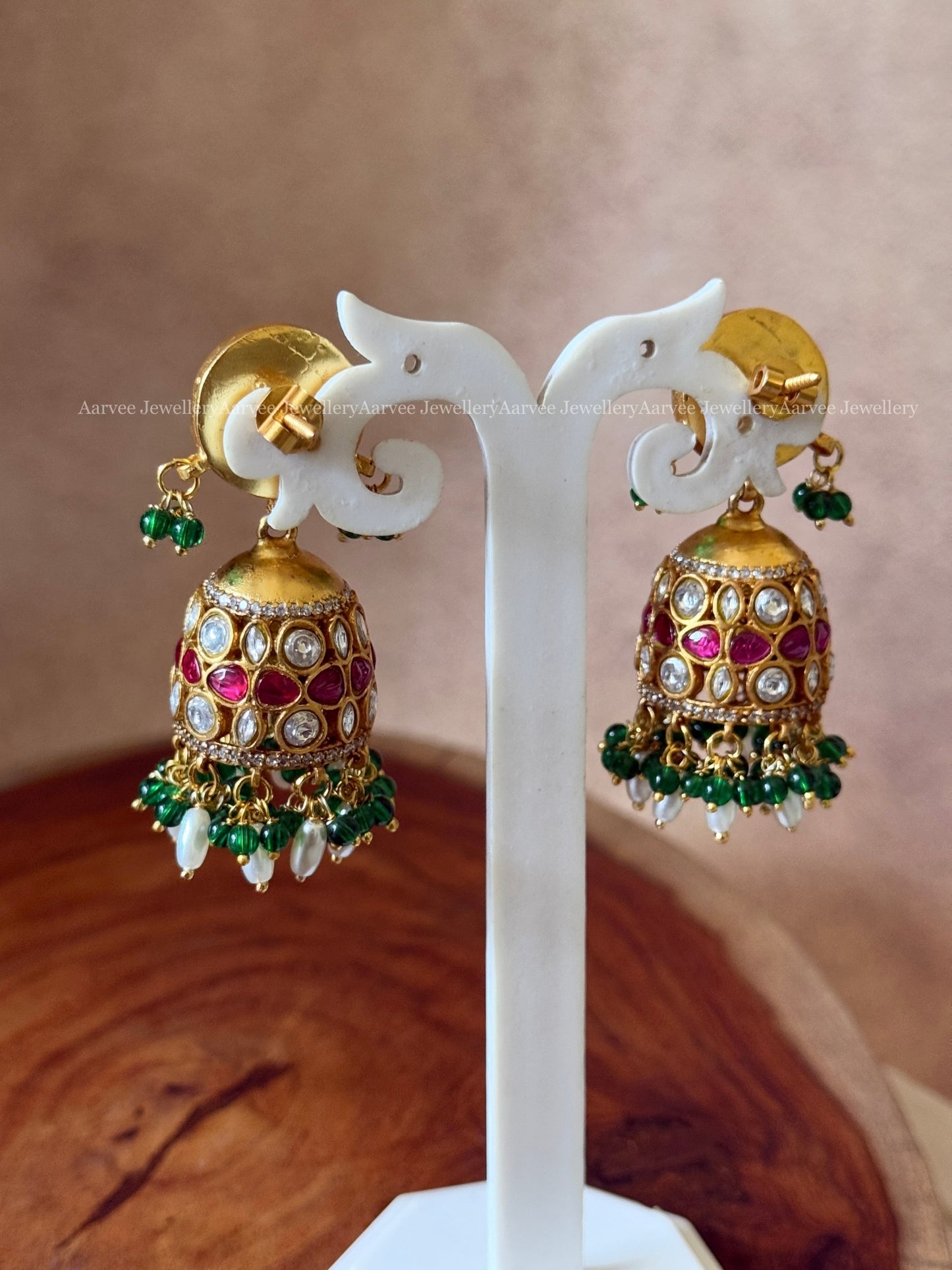 JADAU KUNDAN BUTTA JHUMKI WITH WHITE / PINK STONES AND MIX OF GREEN BEADS & PEARLS