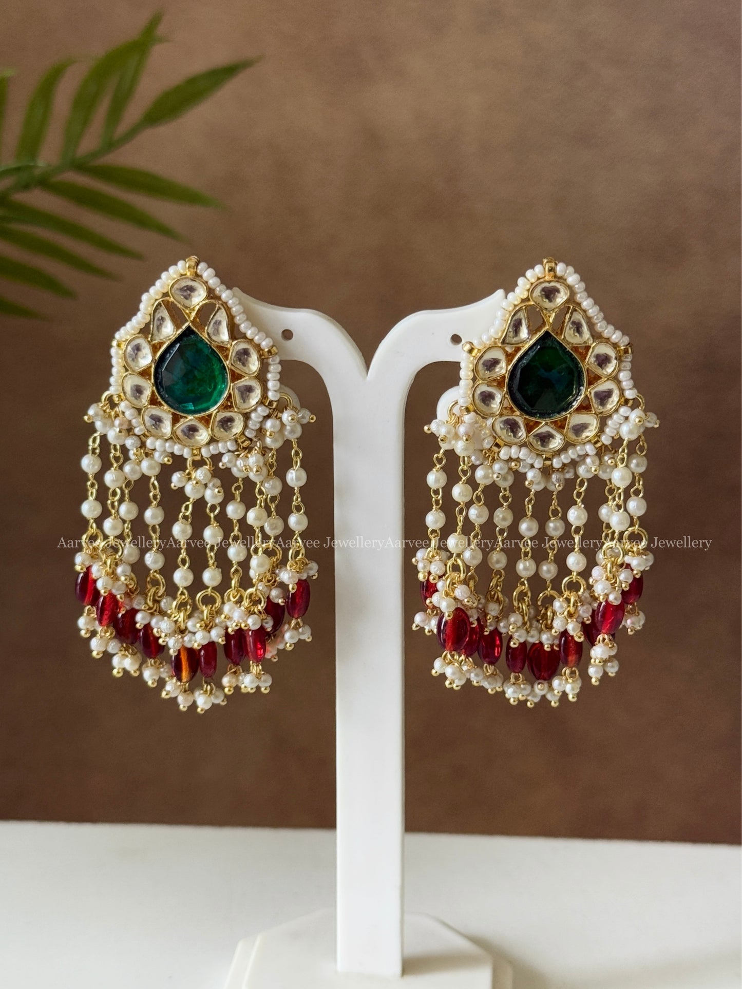 POLKI KUNDAN GREEN STONE DANGLER EARRINGS WITH RUBY BEADS
