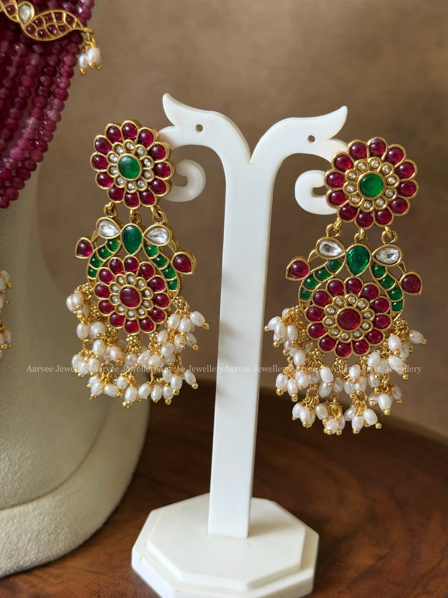 HIGH QUALITY RUBY BEADED HARAM SET WITH FLORAL PENDANT / SIDE PENDANT