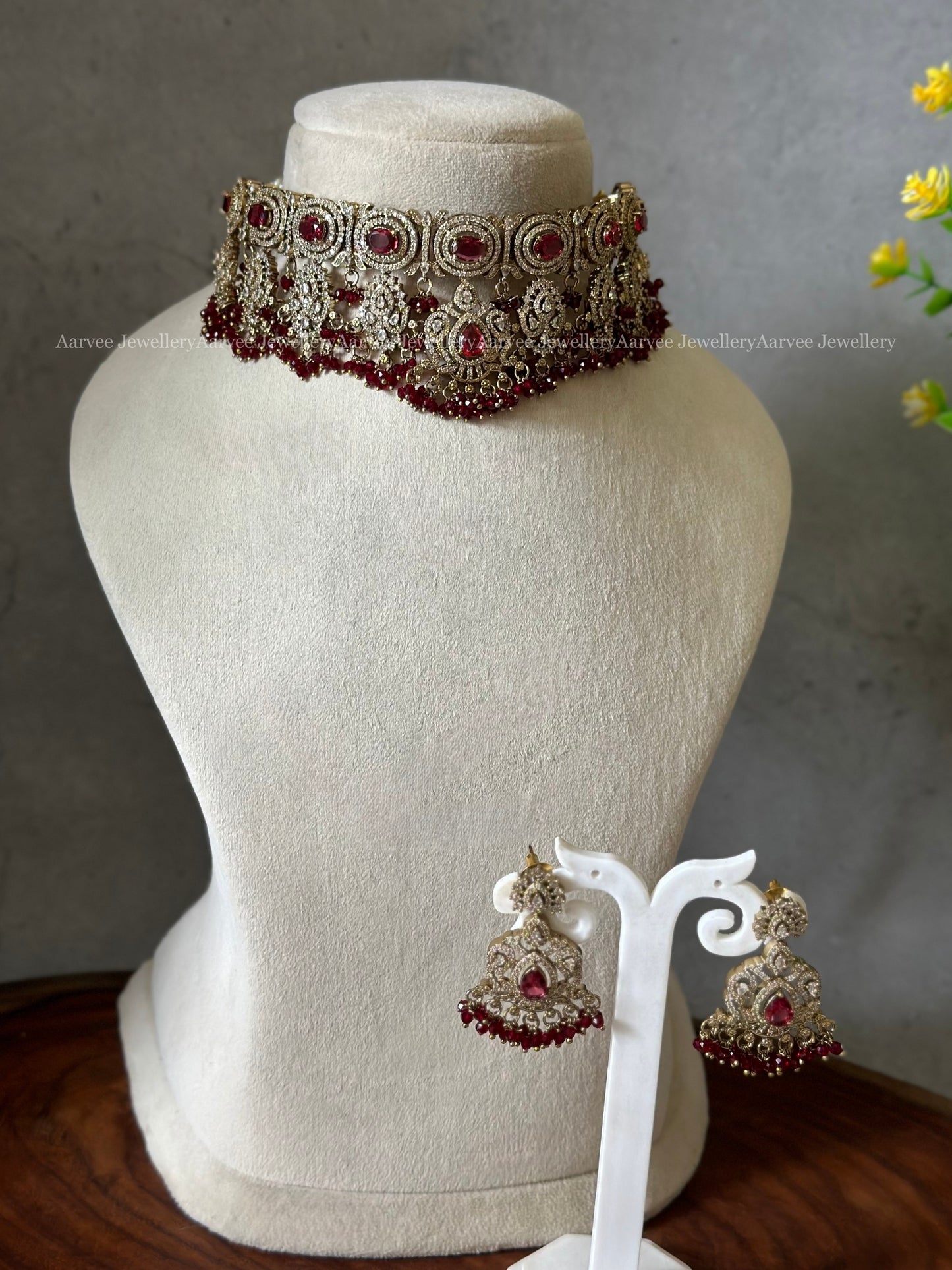 VICTORIAN SEMI BRIDAL SET | CHOKER & HARAM SET WITH DARK RUBY STONES & MAROON BEADS