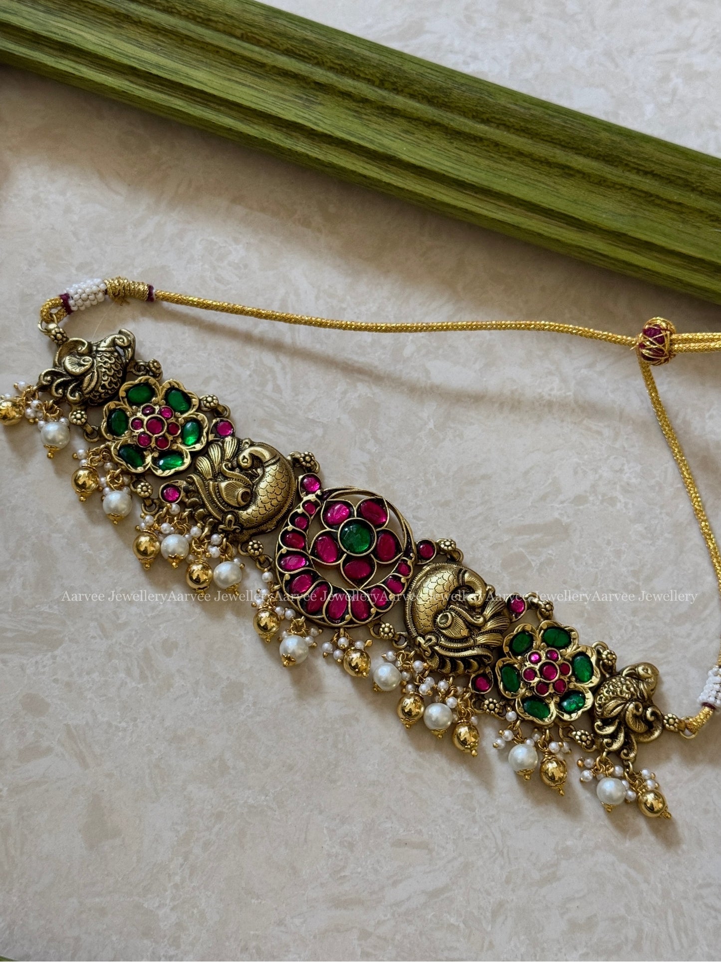 JADAU KUNDAN FLORAL AND ANNAM CHOKER SET WITH RUBY & GREEN STONE AND PEARLS
