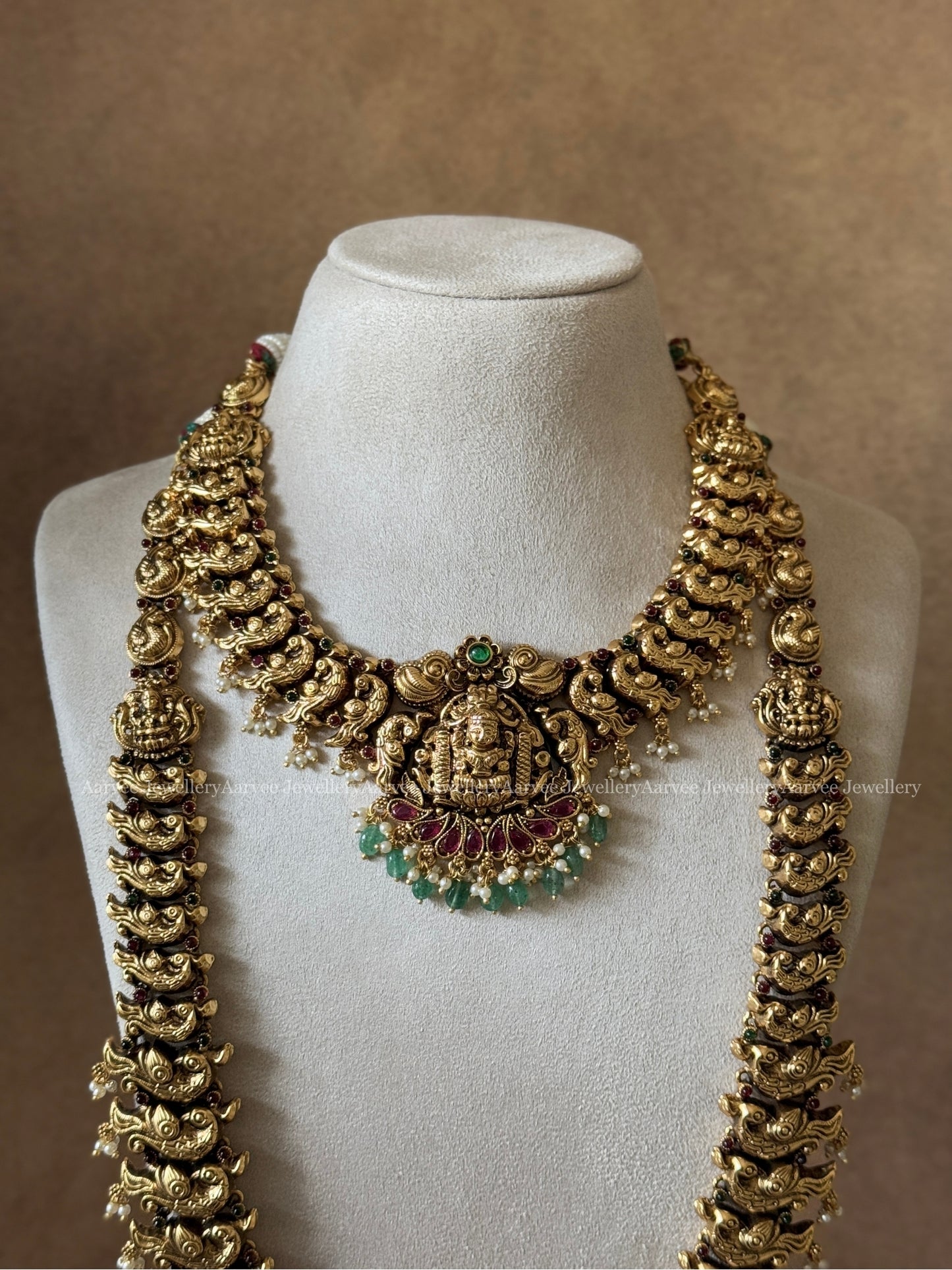 TEMPLE BRIDAL JEWELLERY SET WITH PEACOCK MOTIF & LAKSHMI PENDANT WITH PASTEL BEADS