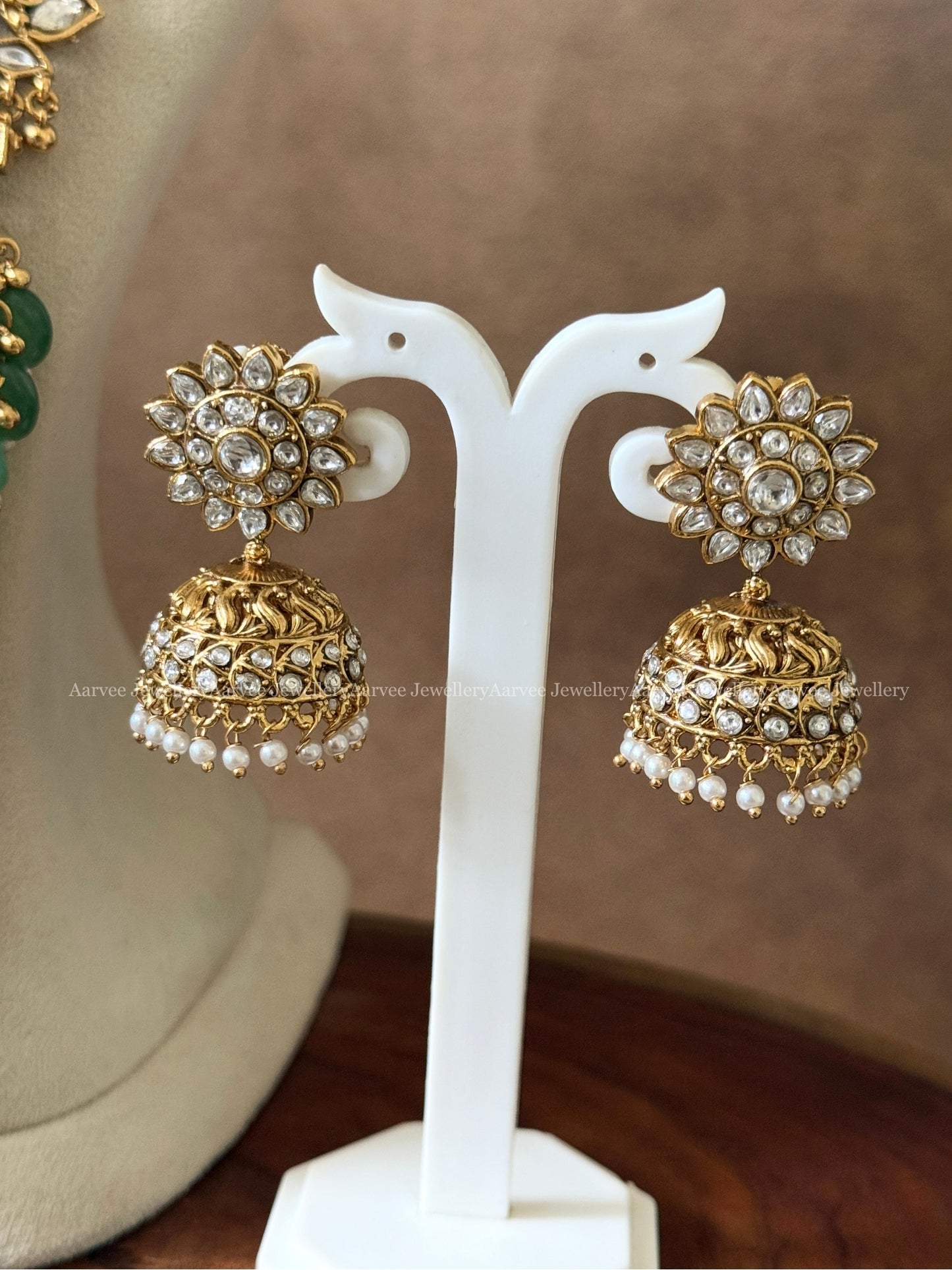 KUNDAN WHITE STONES LOTUS MOTIF HARAM SET WITH LAKSHMI PENDANT AND PASTEL BEADS